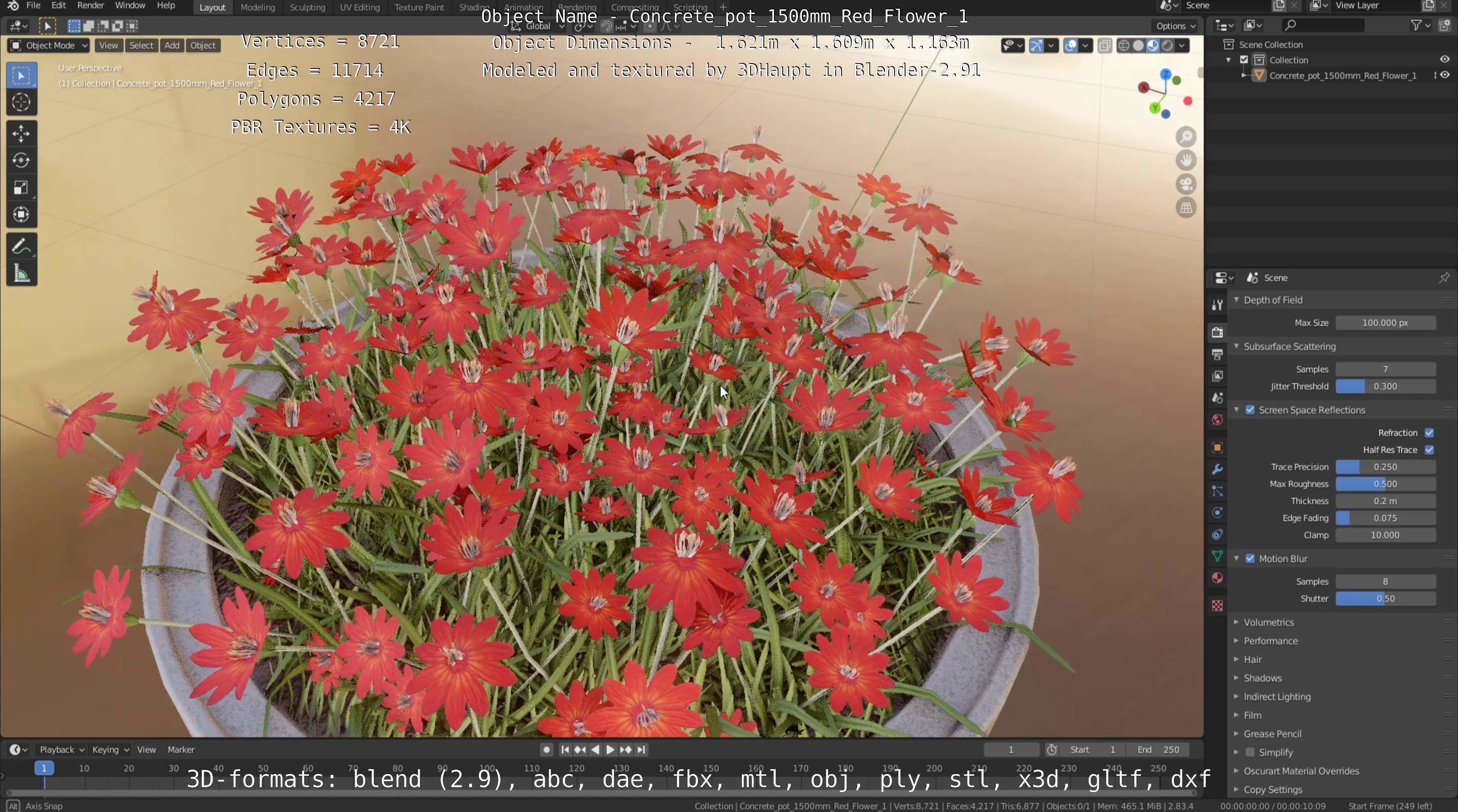 Concrete Pot 1500mm with Red Flowers Version 1 Low-poly 3D model_58
