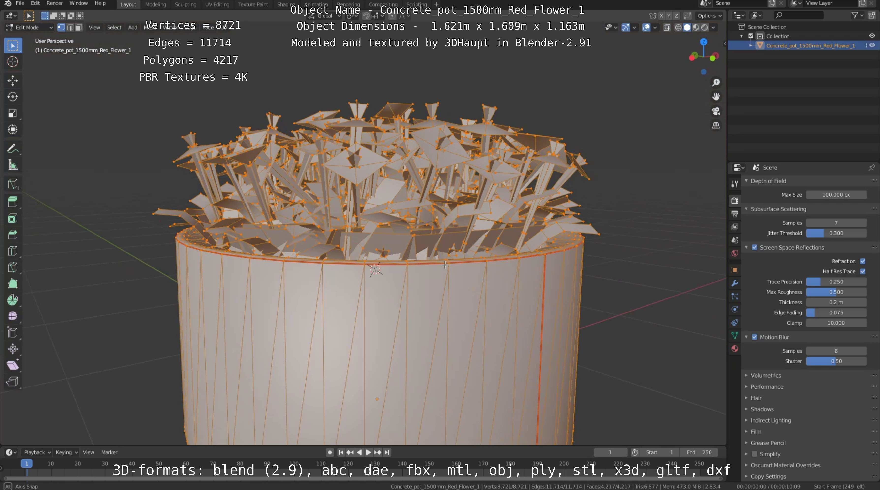 Concrete Pot 1500mm with Red Flowers Version 1 Low-poly 3D model_56