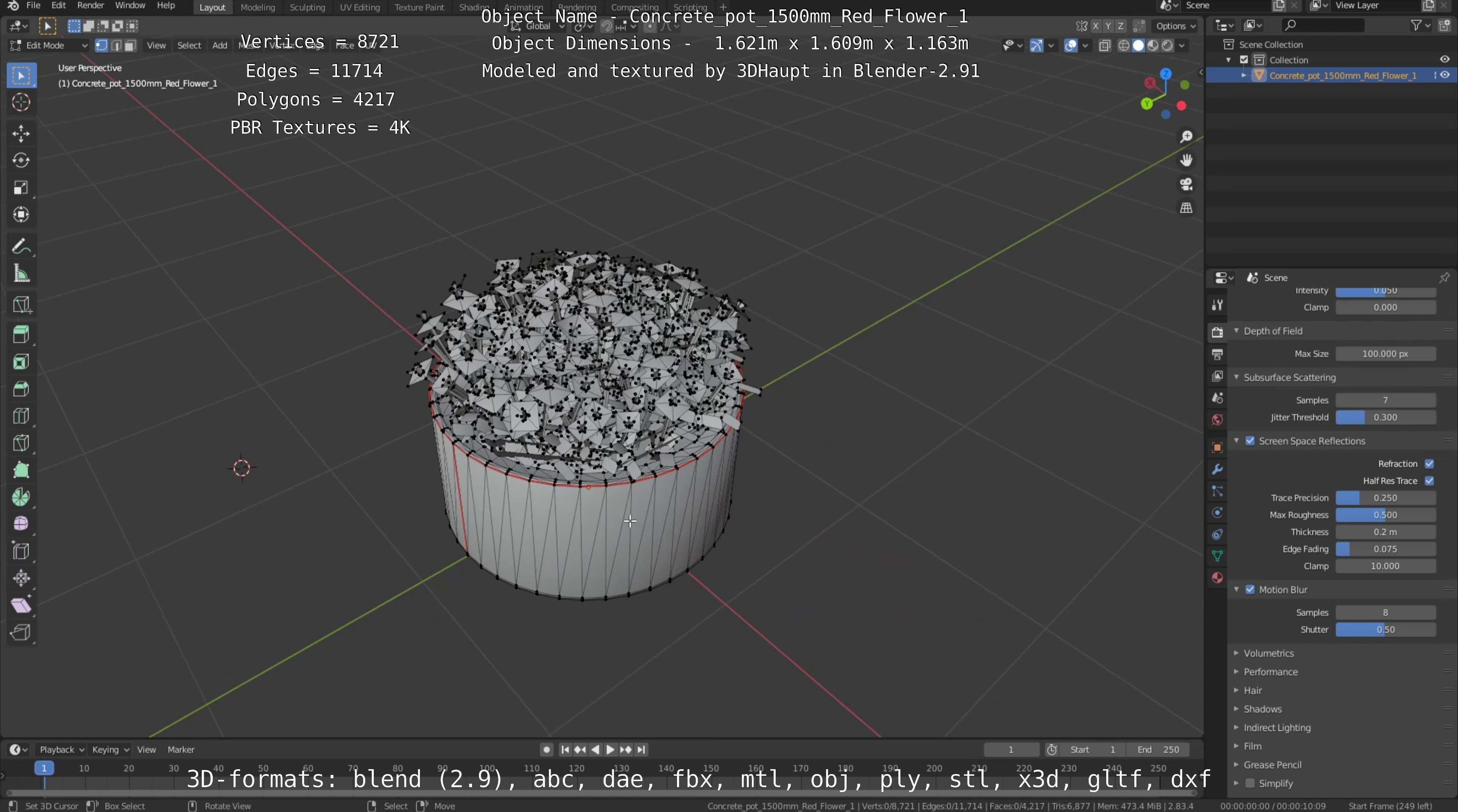 Concrete Pot 1500mm with Red Flowers Version 1 Low-poly 3D model_76