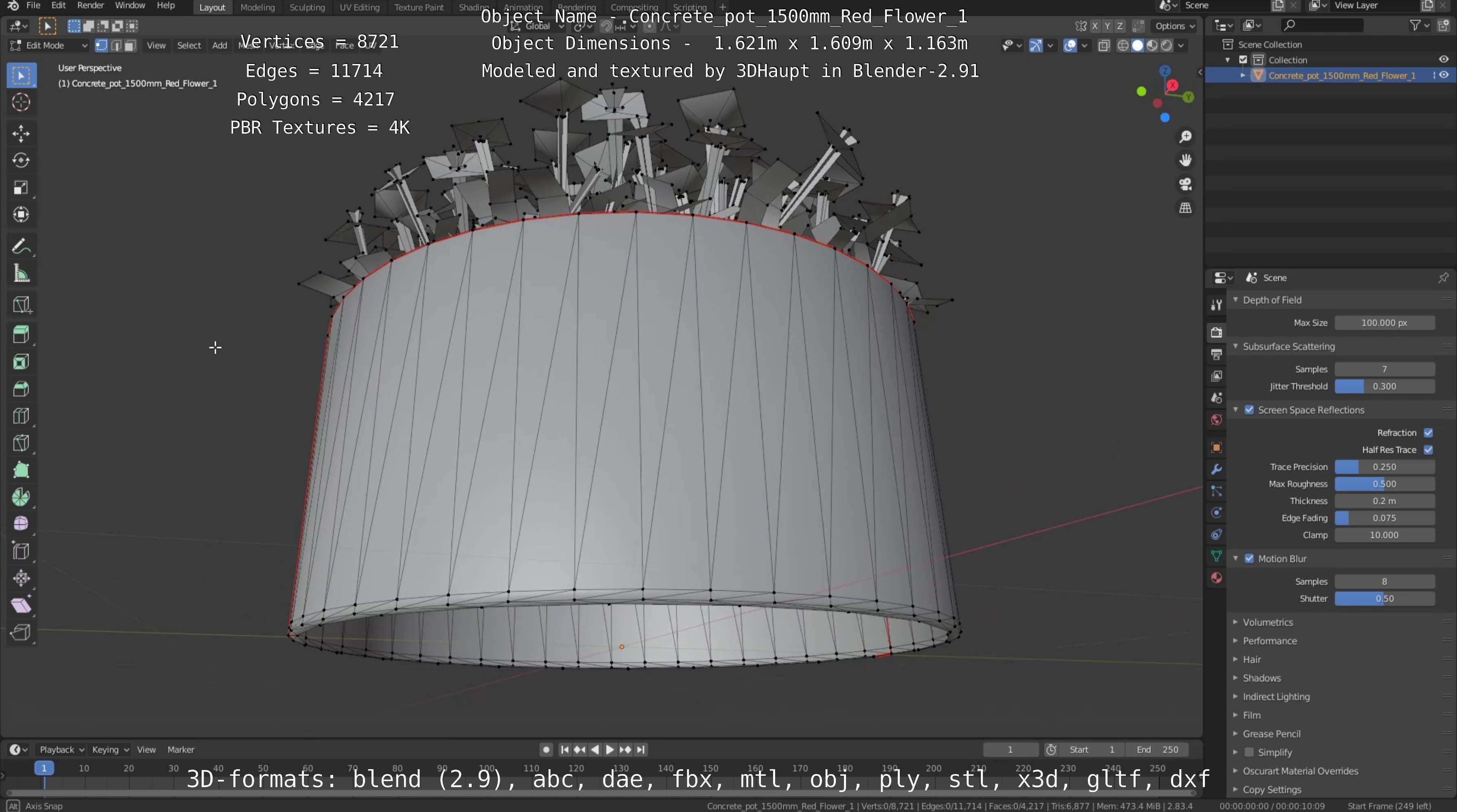 Concrete Pot 1500mm with Red Flowers Version 1 Low-poly 3D model_67