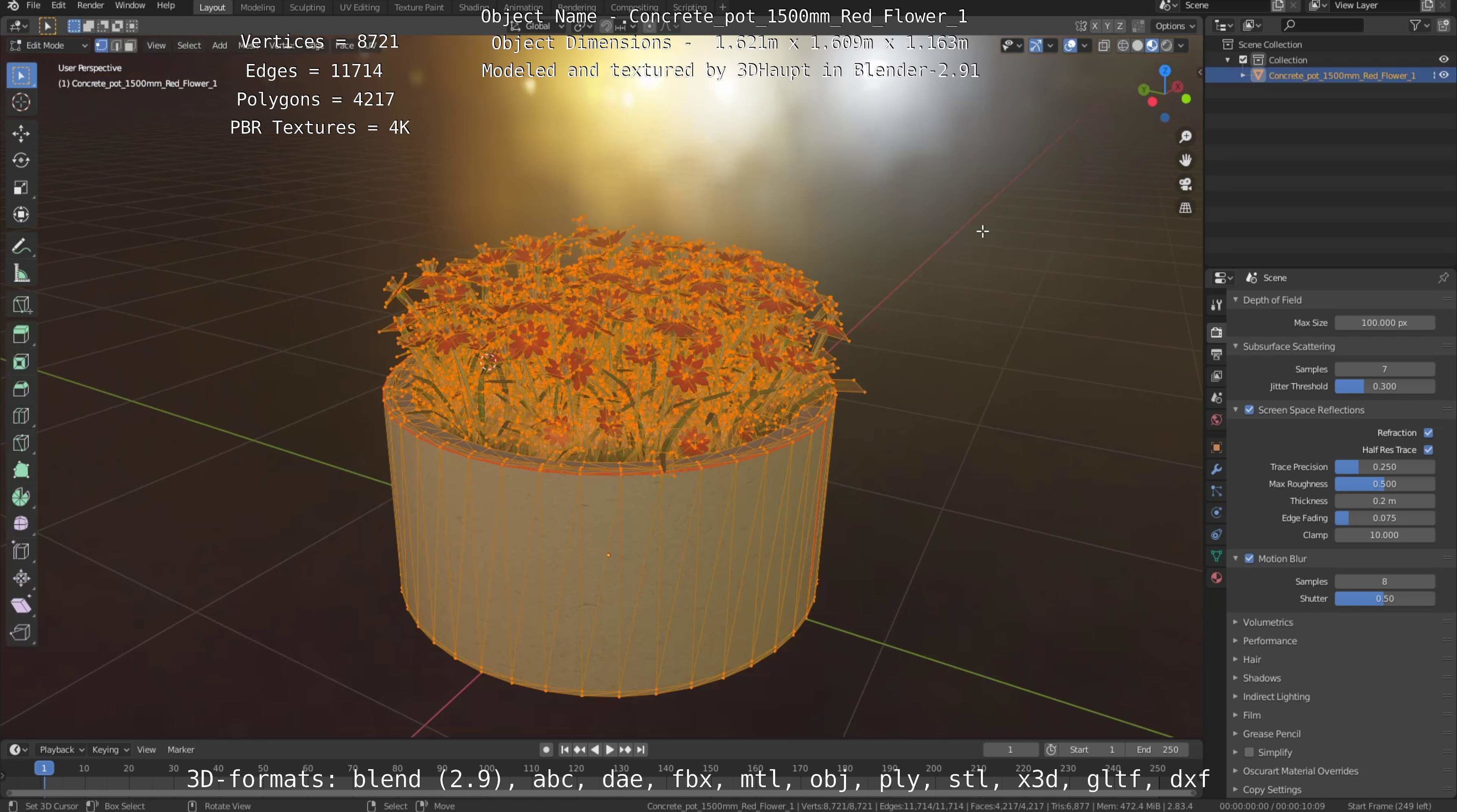 Concrete Pot 1500mm with Red Flowers Version 1 Low-poly 3D model_54