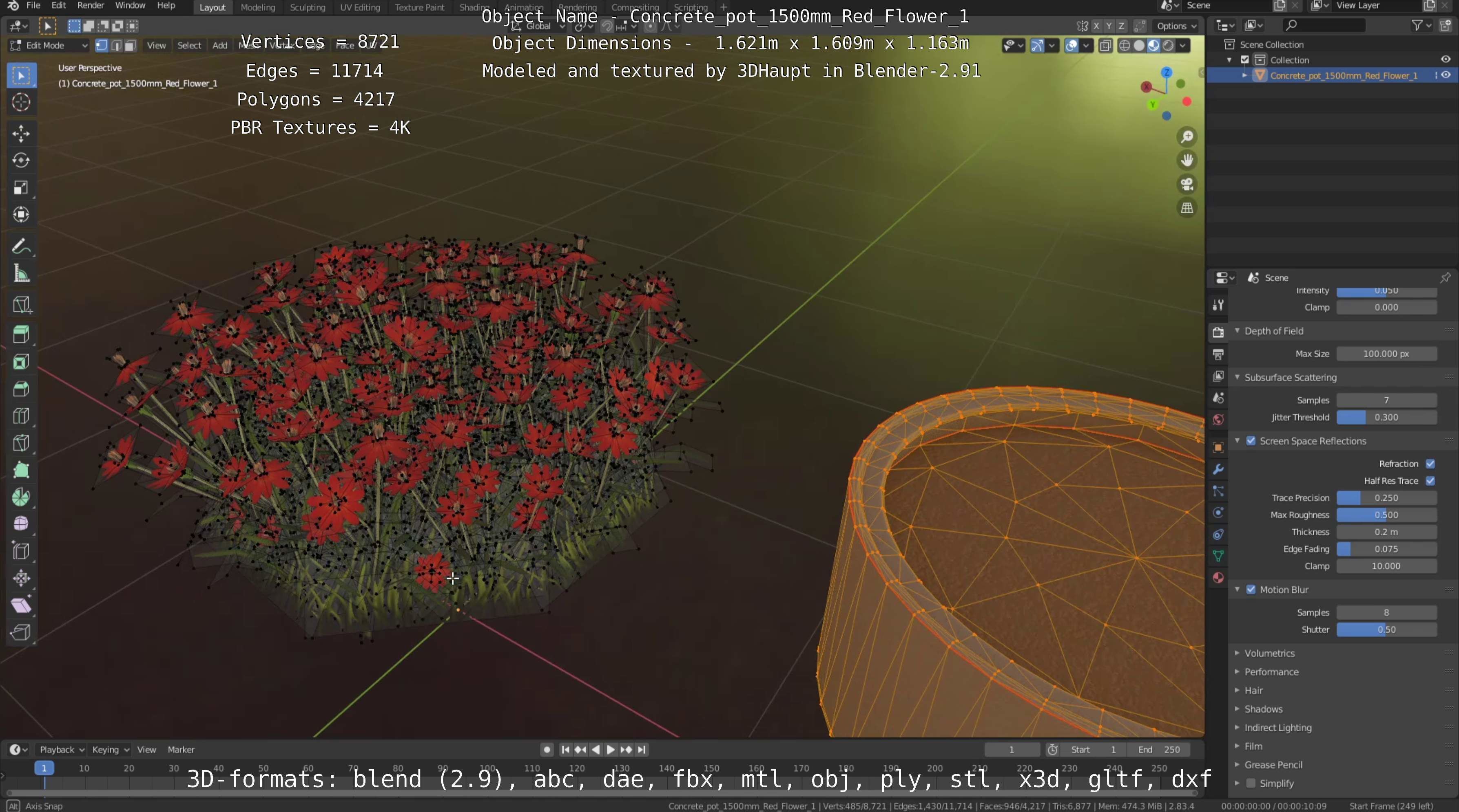 Concrete Pot 1500mm with Red Flowers Version 1 Low-poly 3D model_18