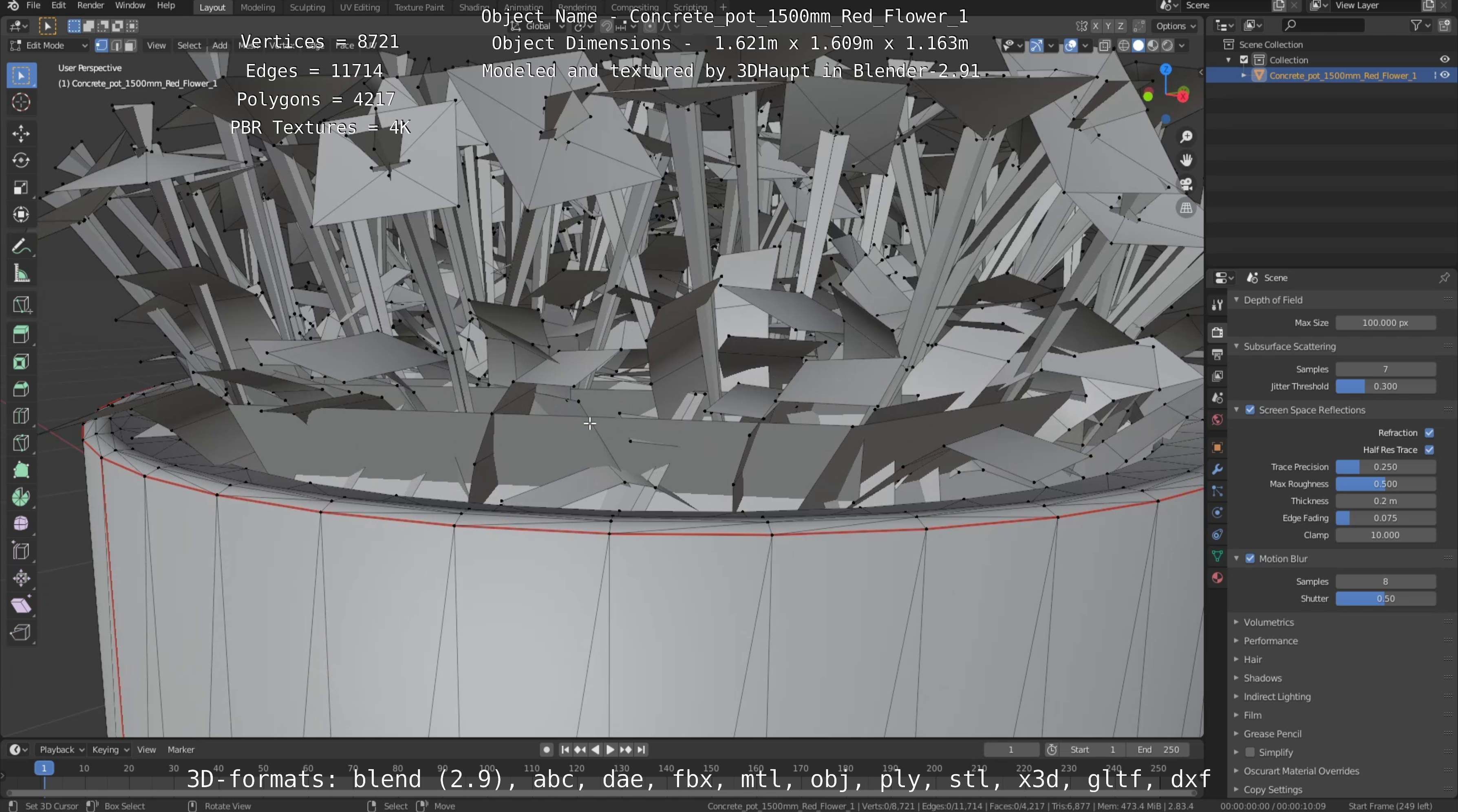 Concrete Pot 1500mm with Red Flowers Version 1 Low-poly 3D model_62