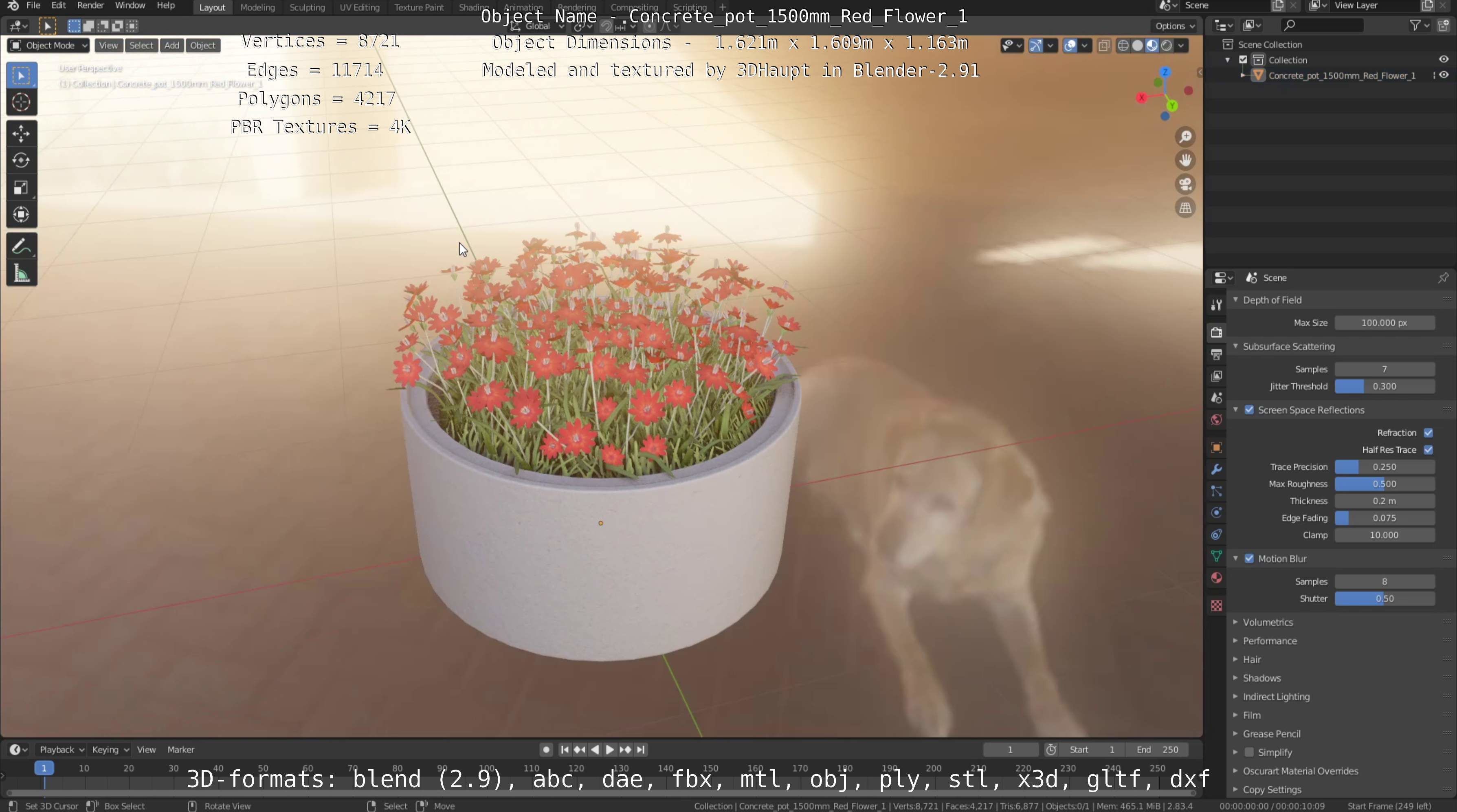 Concrete Pot 1500mm with Red Flowers Version 1 Low-poly 3D model_35
