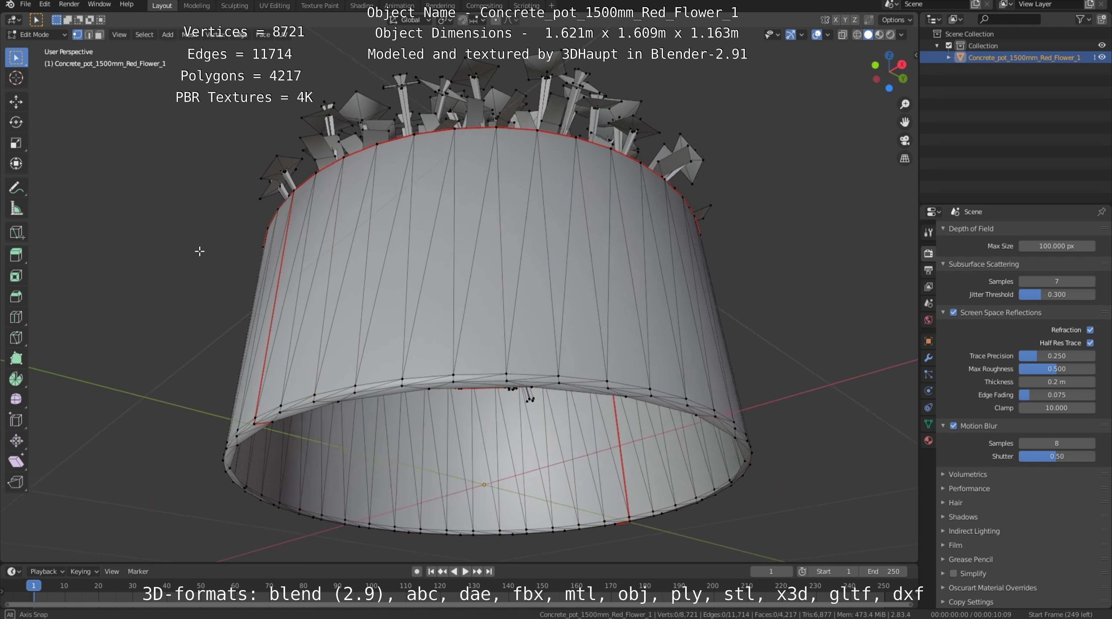 Concrete Pot 1500mm with Red Flowers Version 1 Low-poly 3D model_7