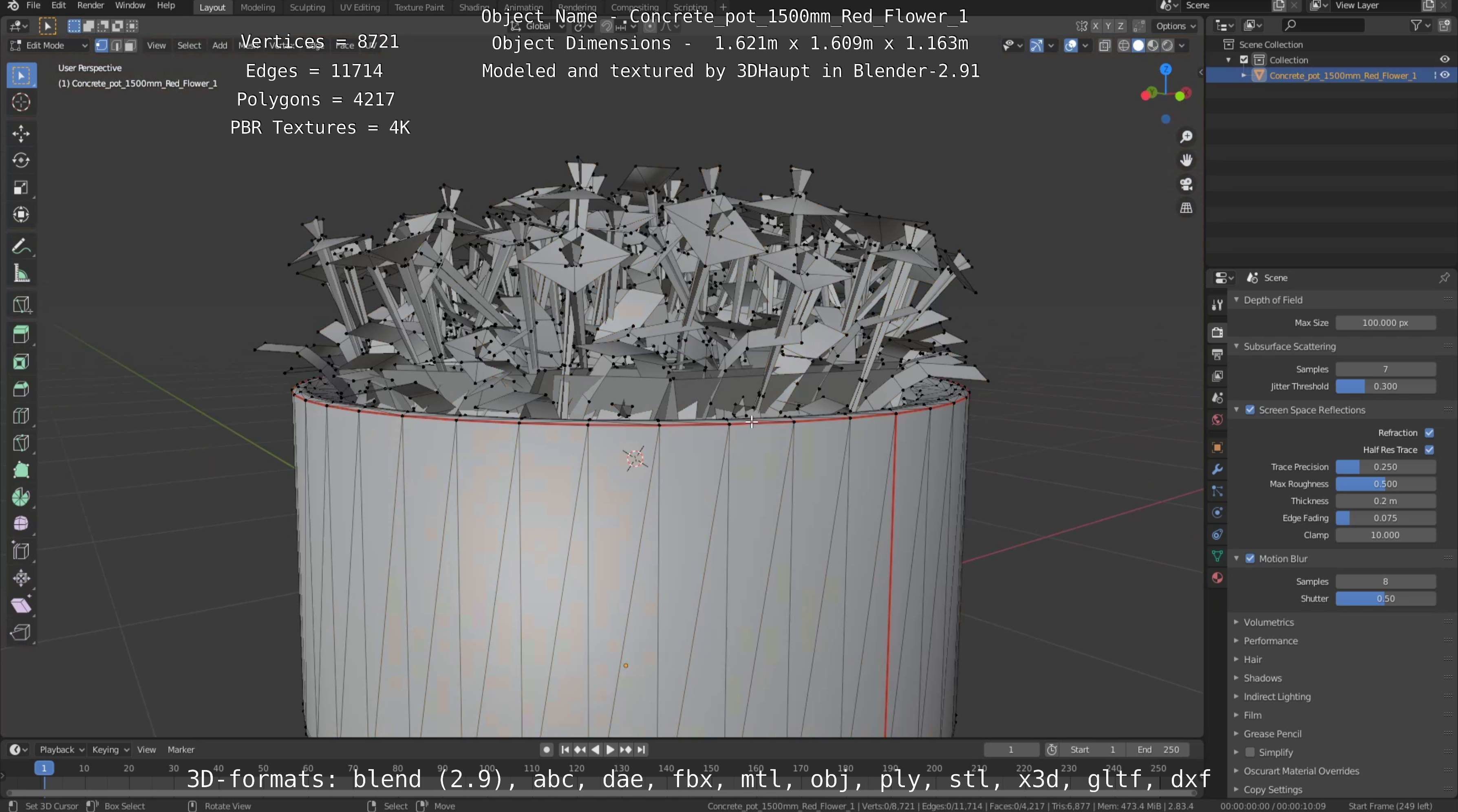 Concrete Pot 1500mm with Red Flowers Version 1 Low-poly 3D model_61