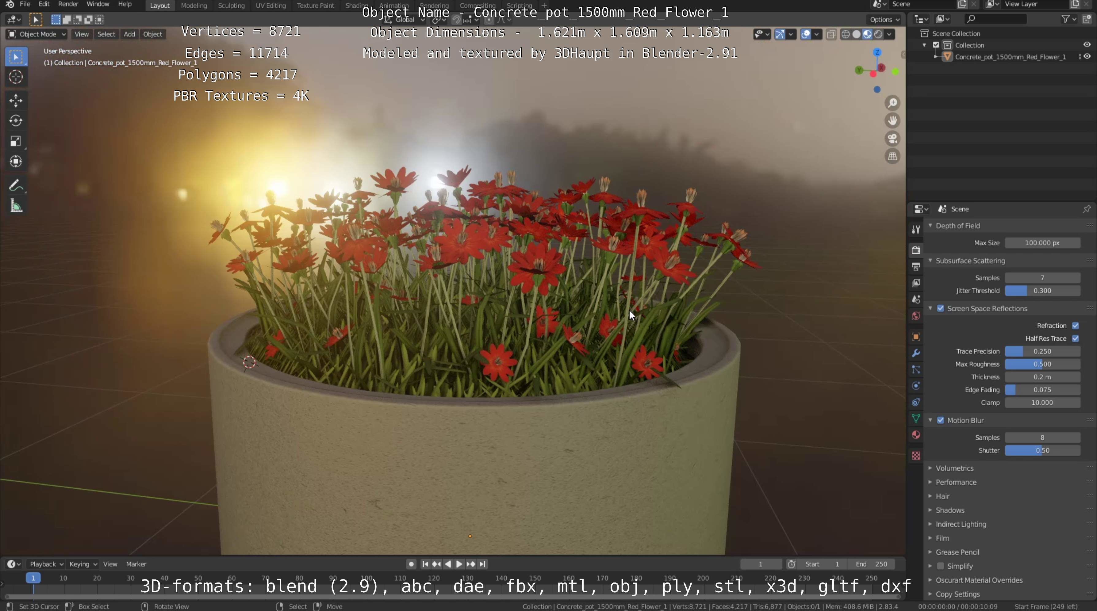 Concrete Pot 1500mm with Red Flowers Version 1 Low-poly 3D model_33