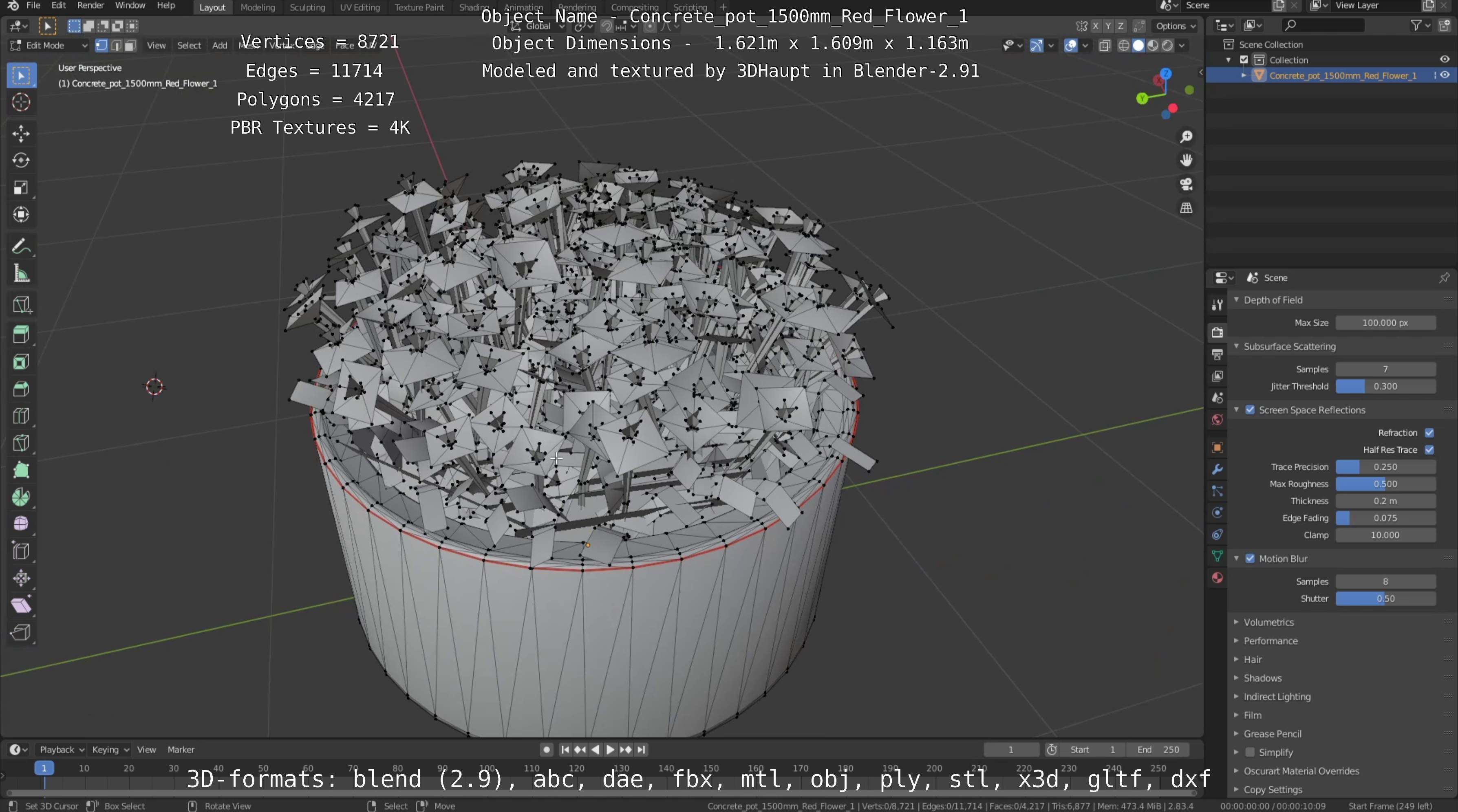 Concrete Pot 1500mm with Red Flowers Version 1 Low-poly 3D model_6