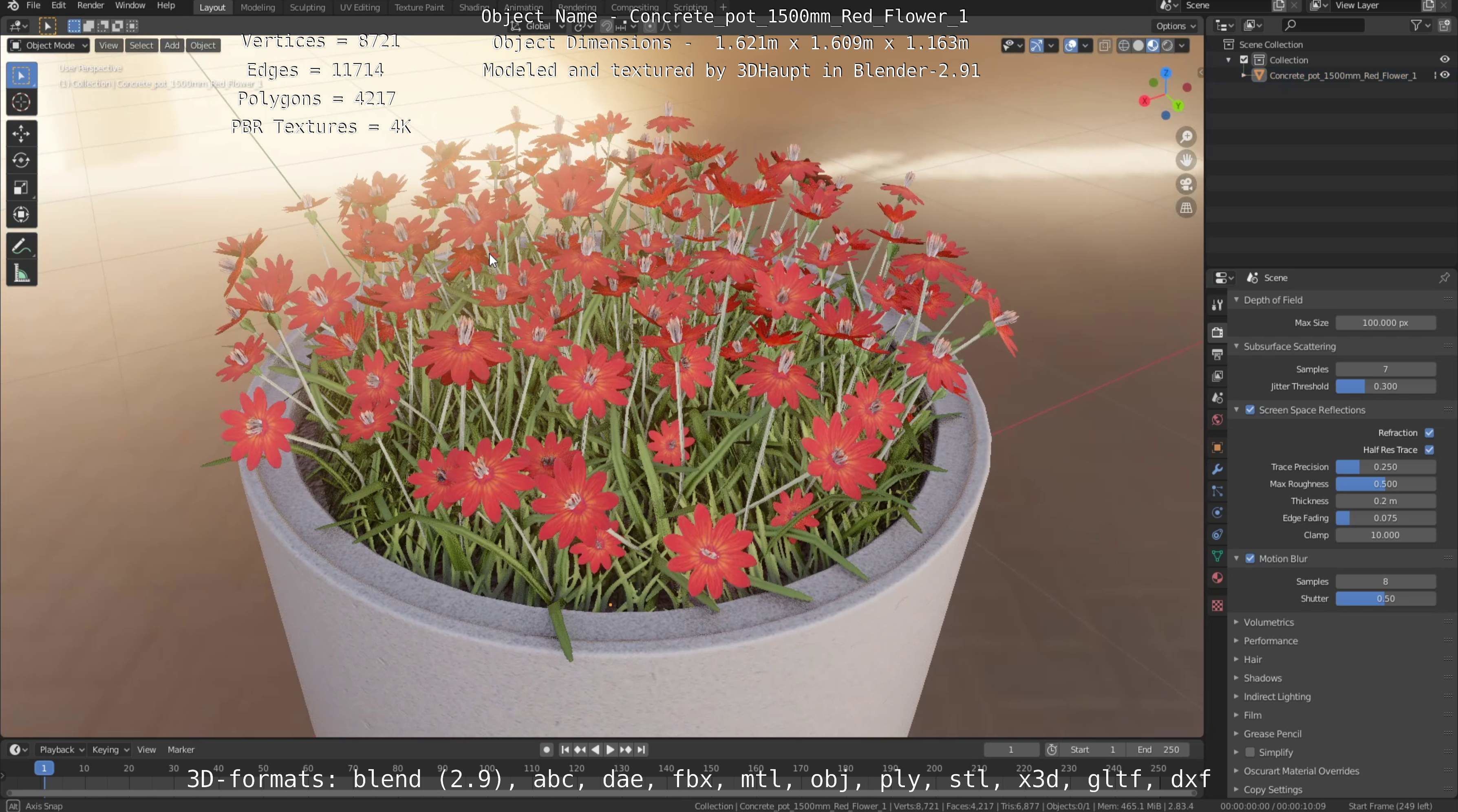 Concrete Pot 1500mm with Red Flowers Version 1 Low-poly 3D model_50