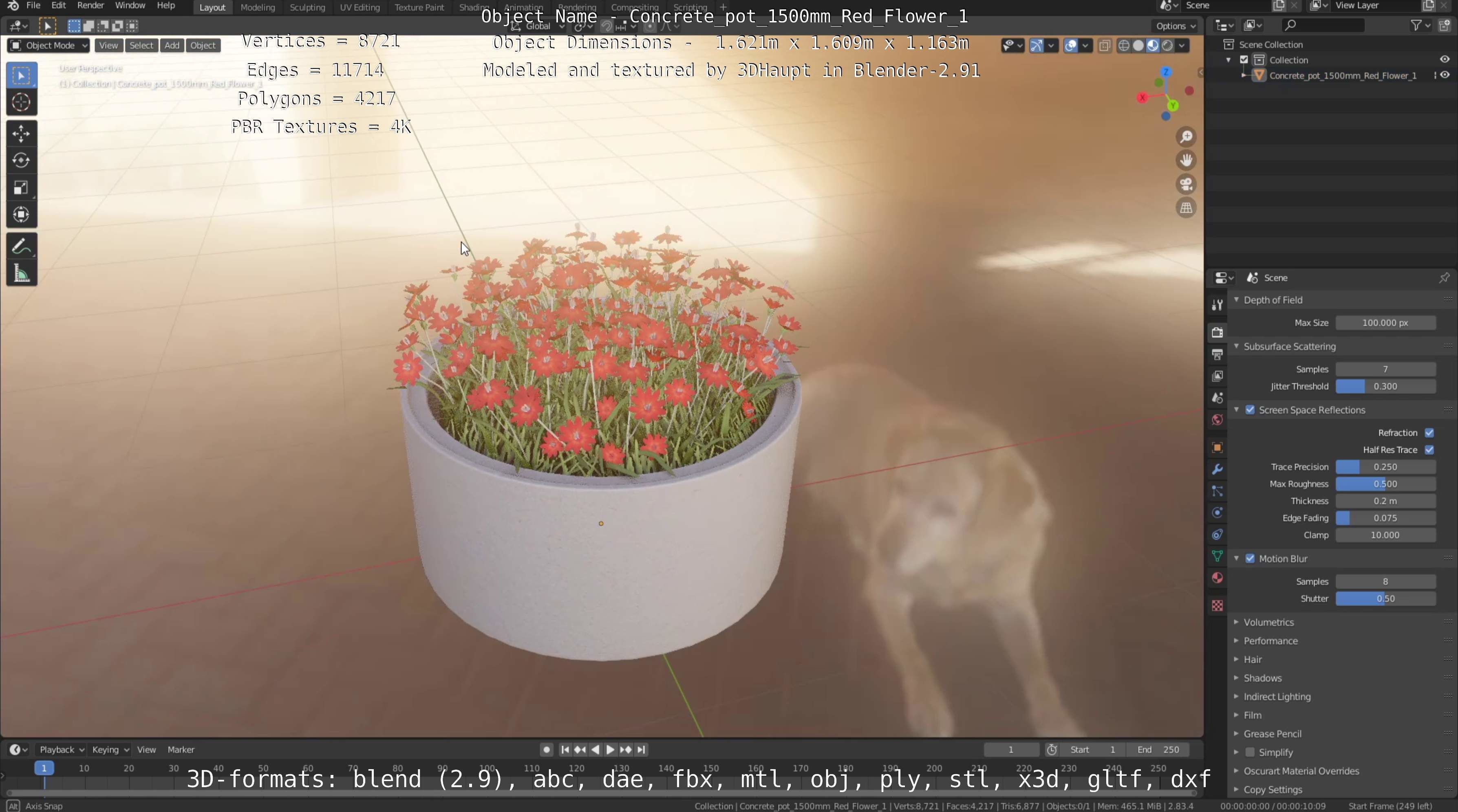 Concrete Pot 1500mm with Red Flowers Version 1 Low-poly 3D model_47