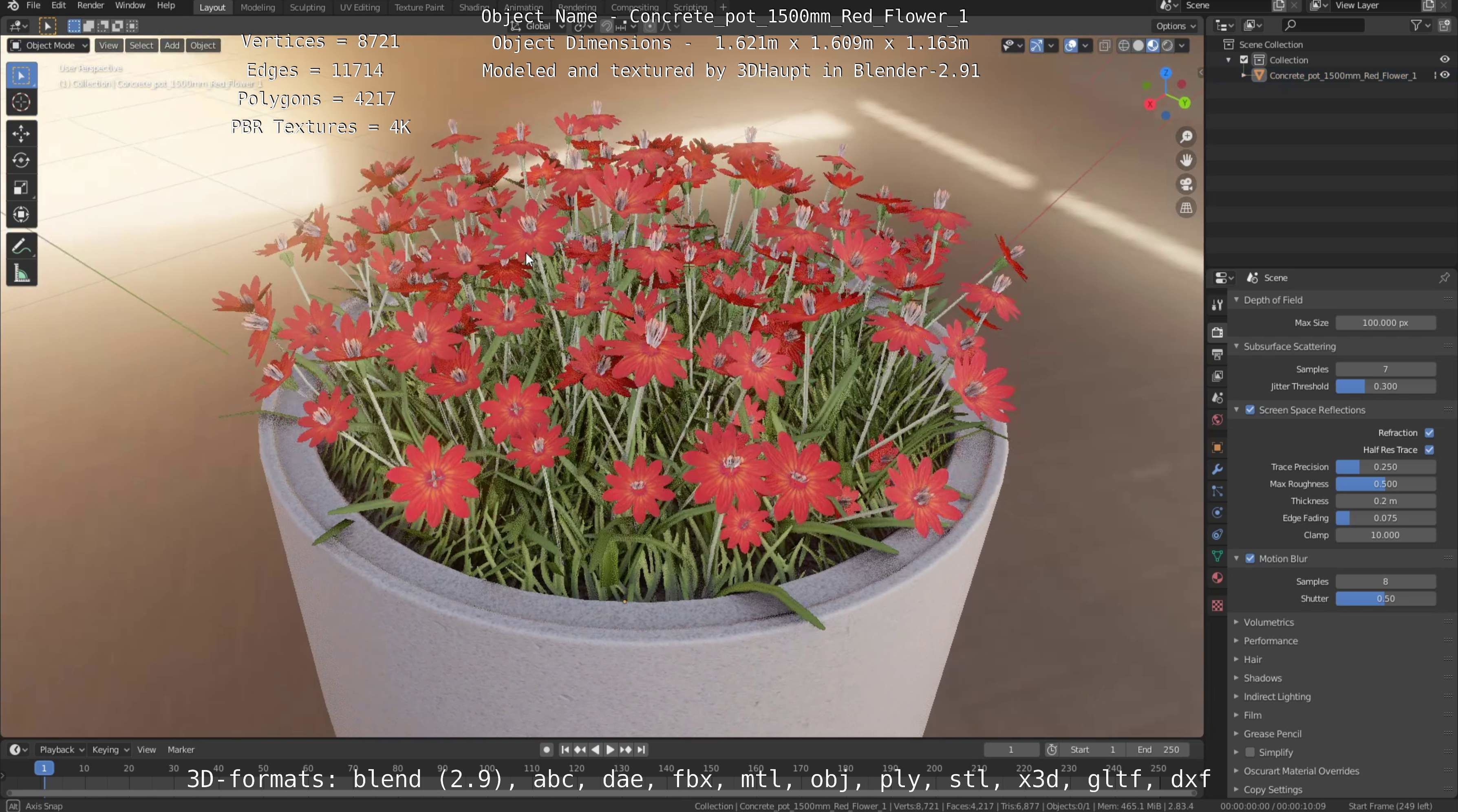 Concrete Pot 1500mm with Red Flowers Version 1 Low-poly 3D model_41