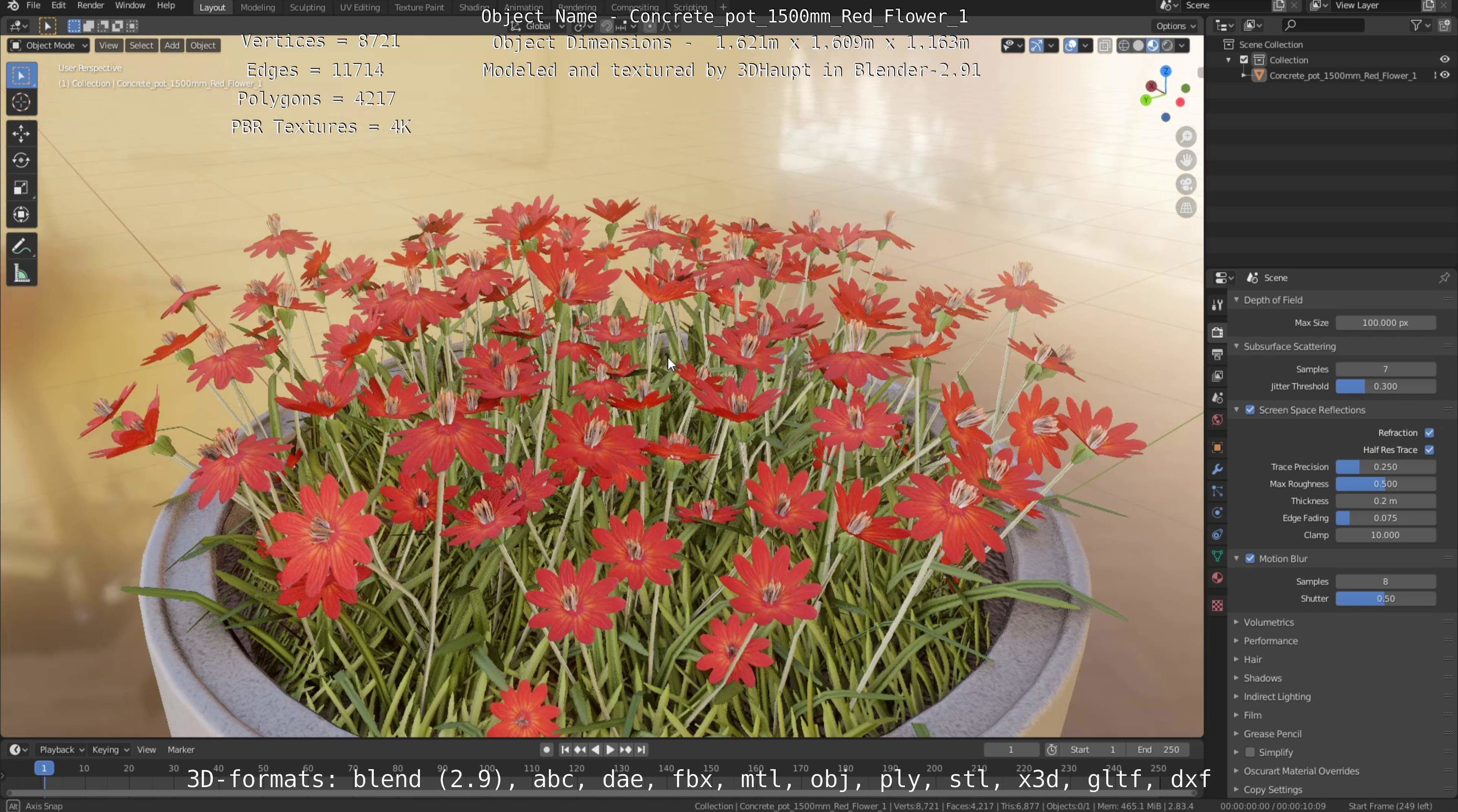 Concrete Pot 1500mm with Red Flowers Version 1 Low-poly 3D model_49