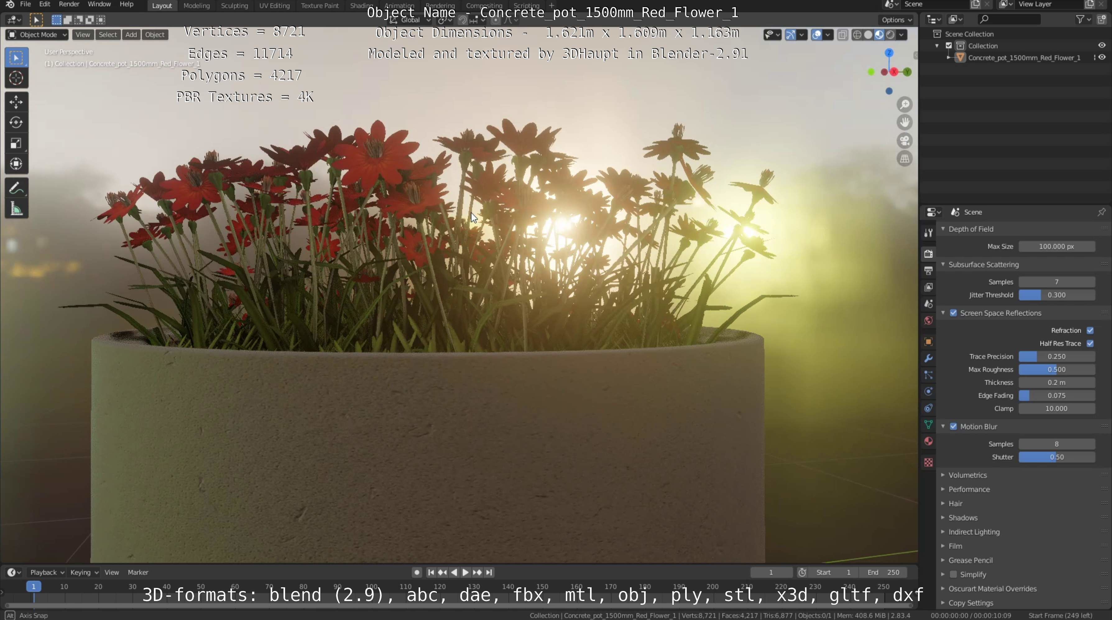 Concrete Pot 1500mm with Red Flowers Version 1 Low-poly 3D model_27