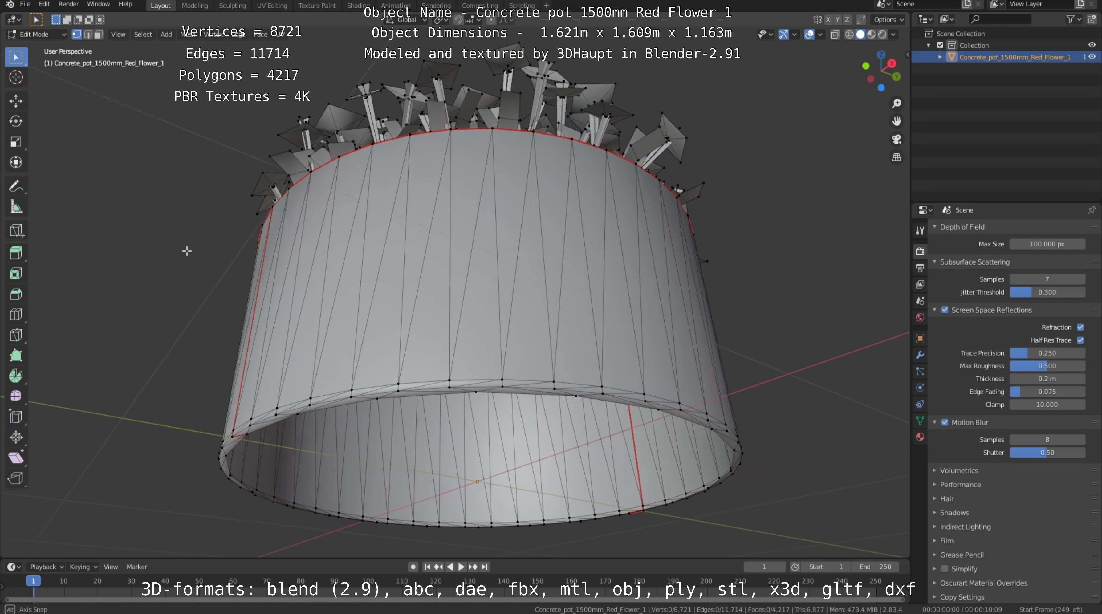 Concrete Pot 1500mm with Red Flowers Version 1 Low-poly 3D model_72