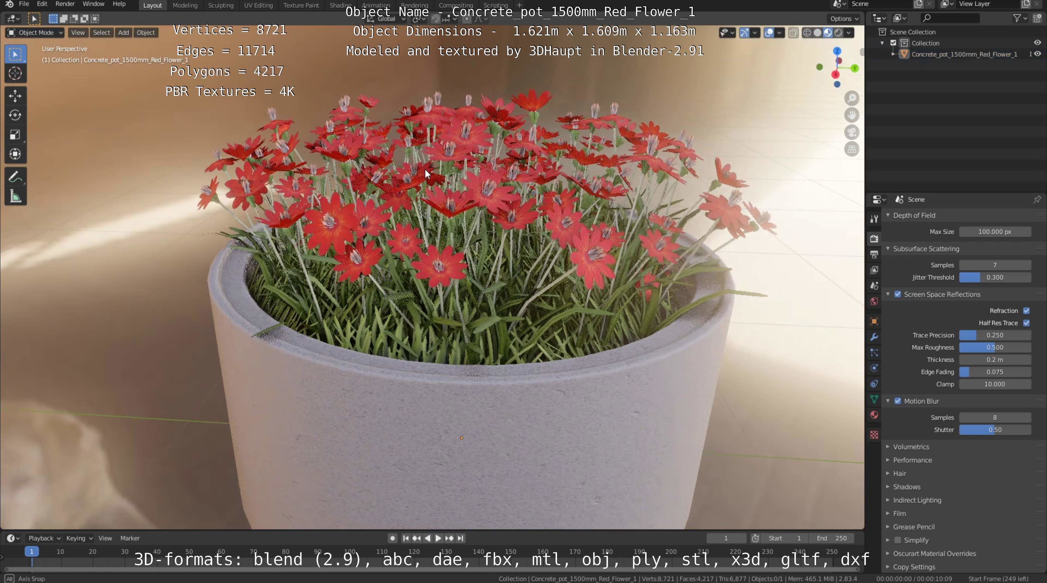 Concrete Pot 1500mm with Red Flowers Version 1 Low-poly 3D model_42