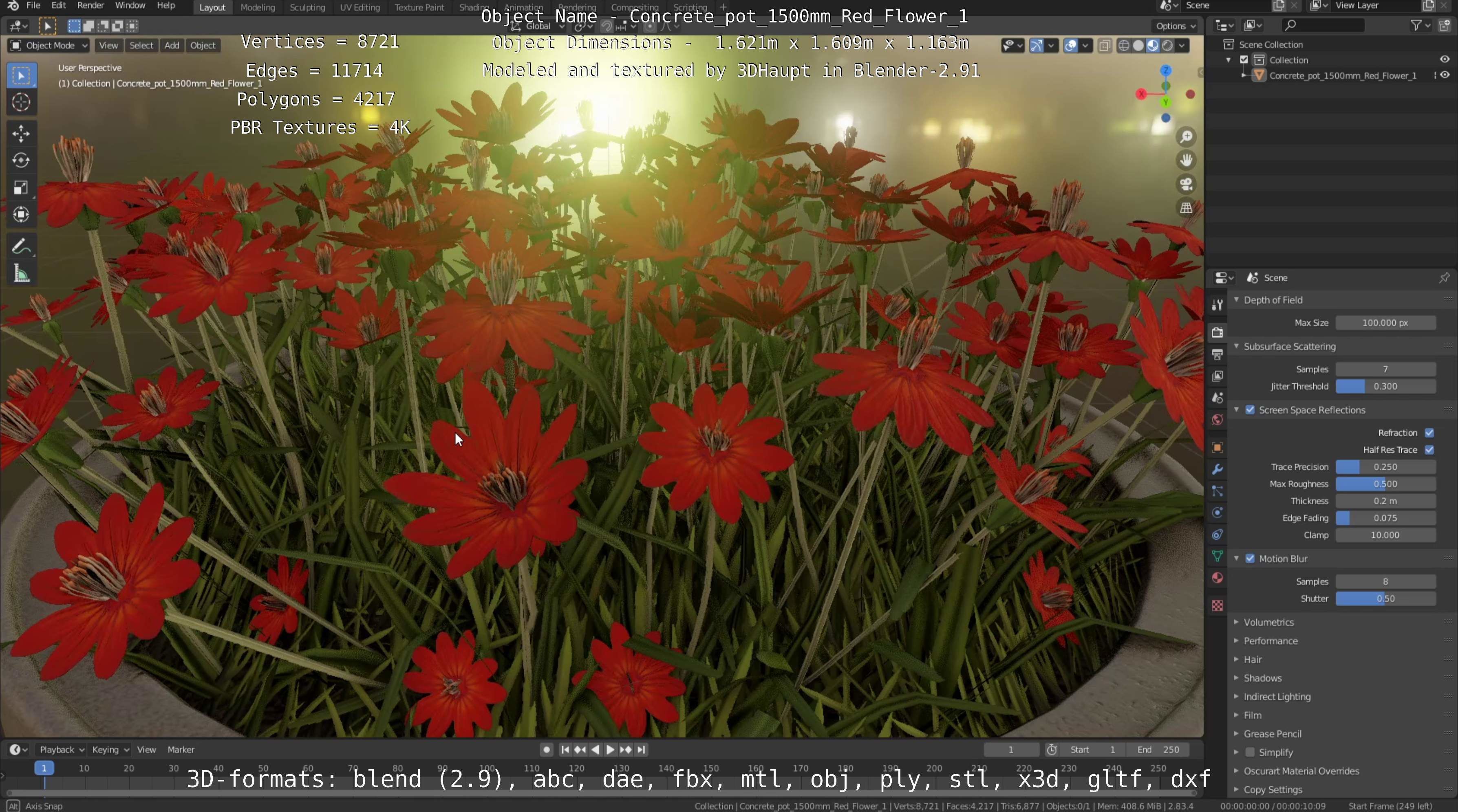 Concrete Pot 1500mm with Red Flowers Version 1 Low-poly 3D model_29