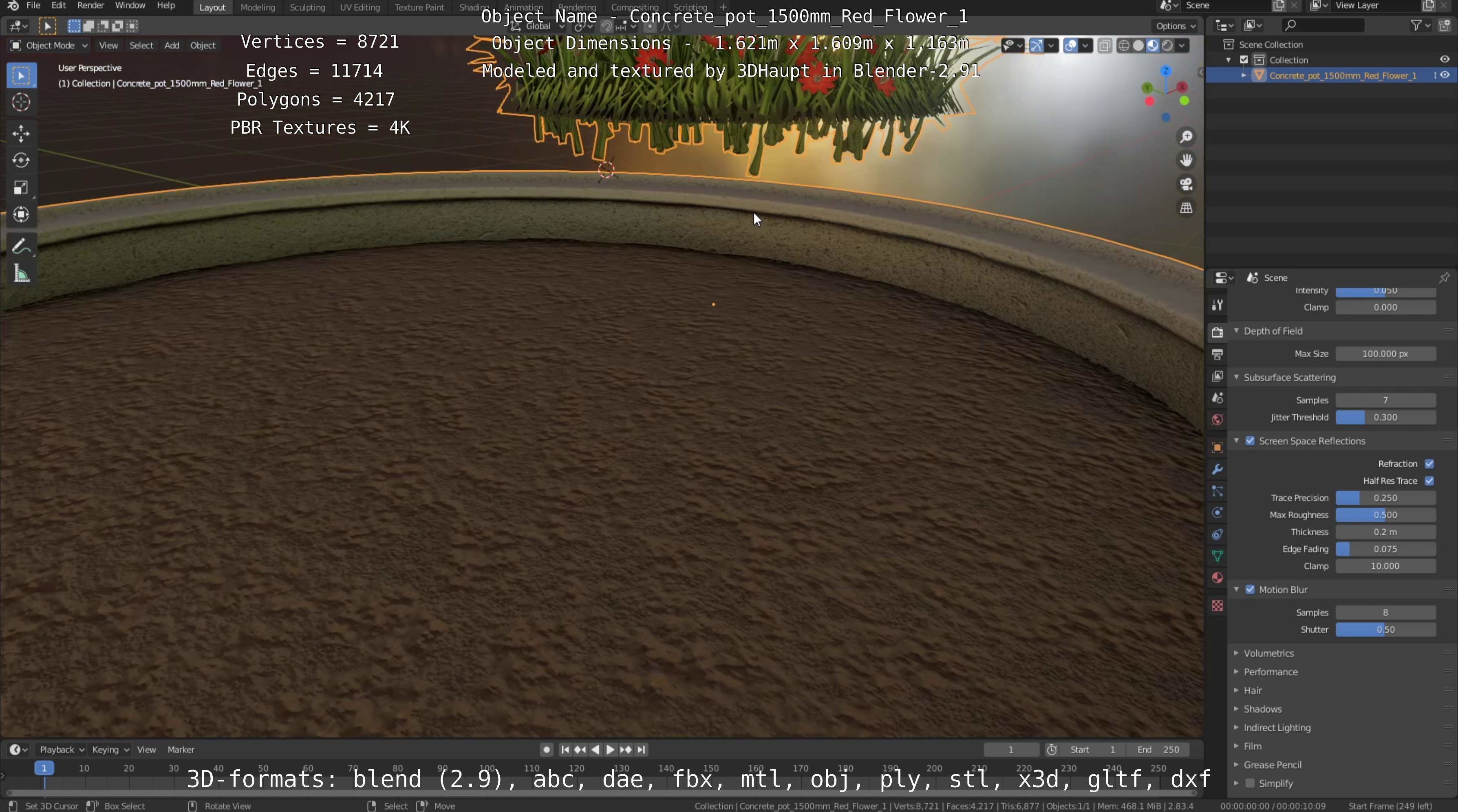 Concrete Pot 1500mm with Red Flowers Version 1 Low-poly 3D model_95