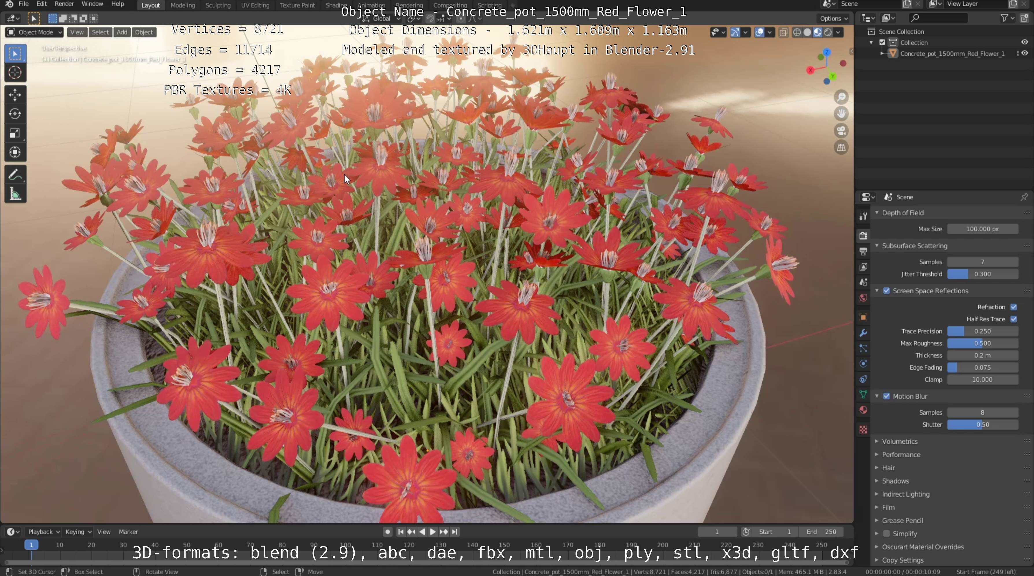 Concrete Pot 1500mm with Red Flowers Version 1 Low-poly 3D model_36