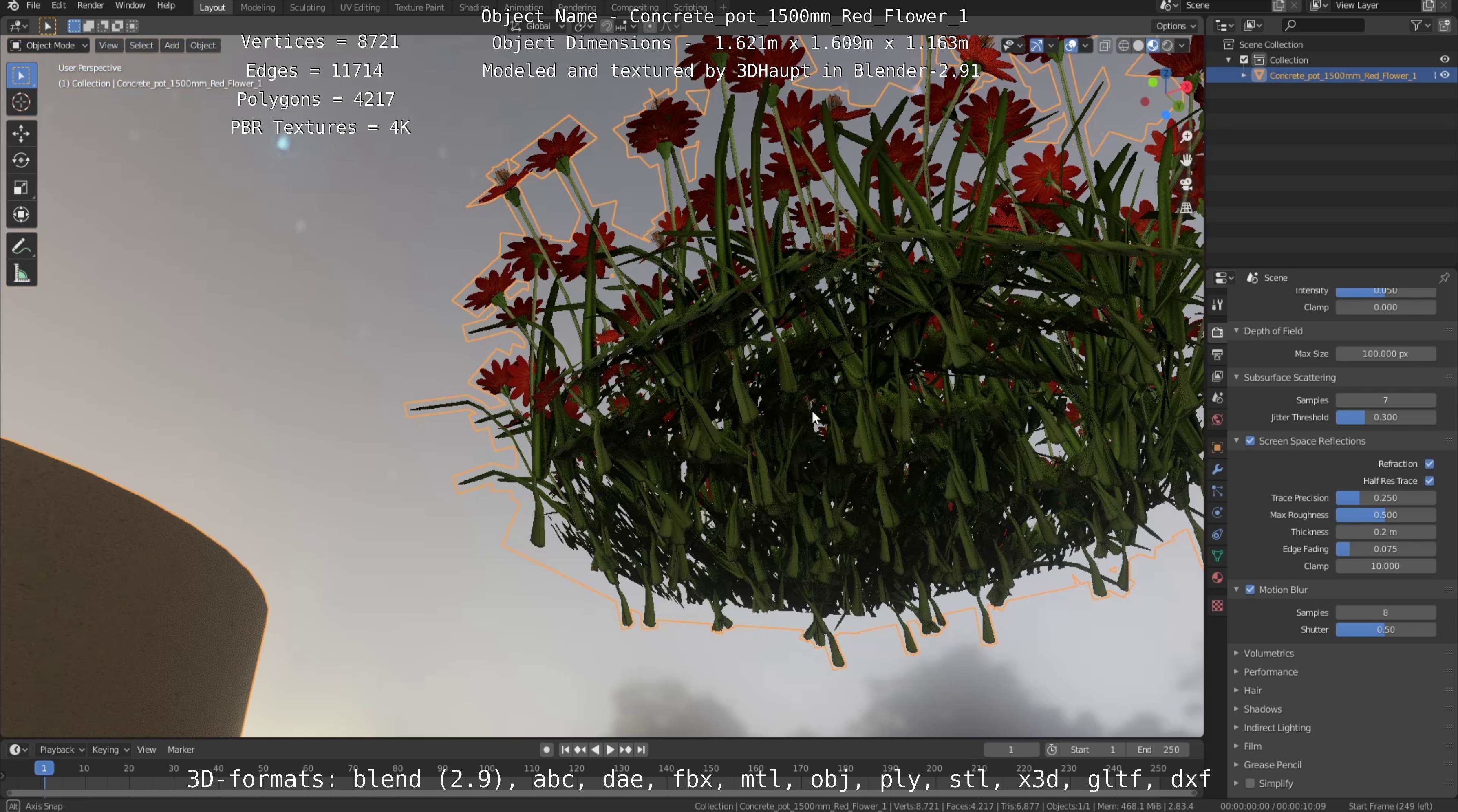 Concrete Pot 1500mm with Red Flowers Version 1 Low-poly 3D model_16