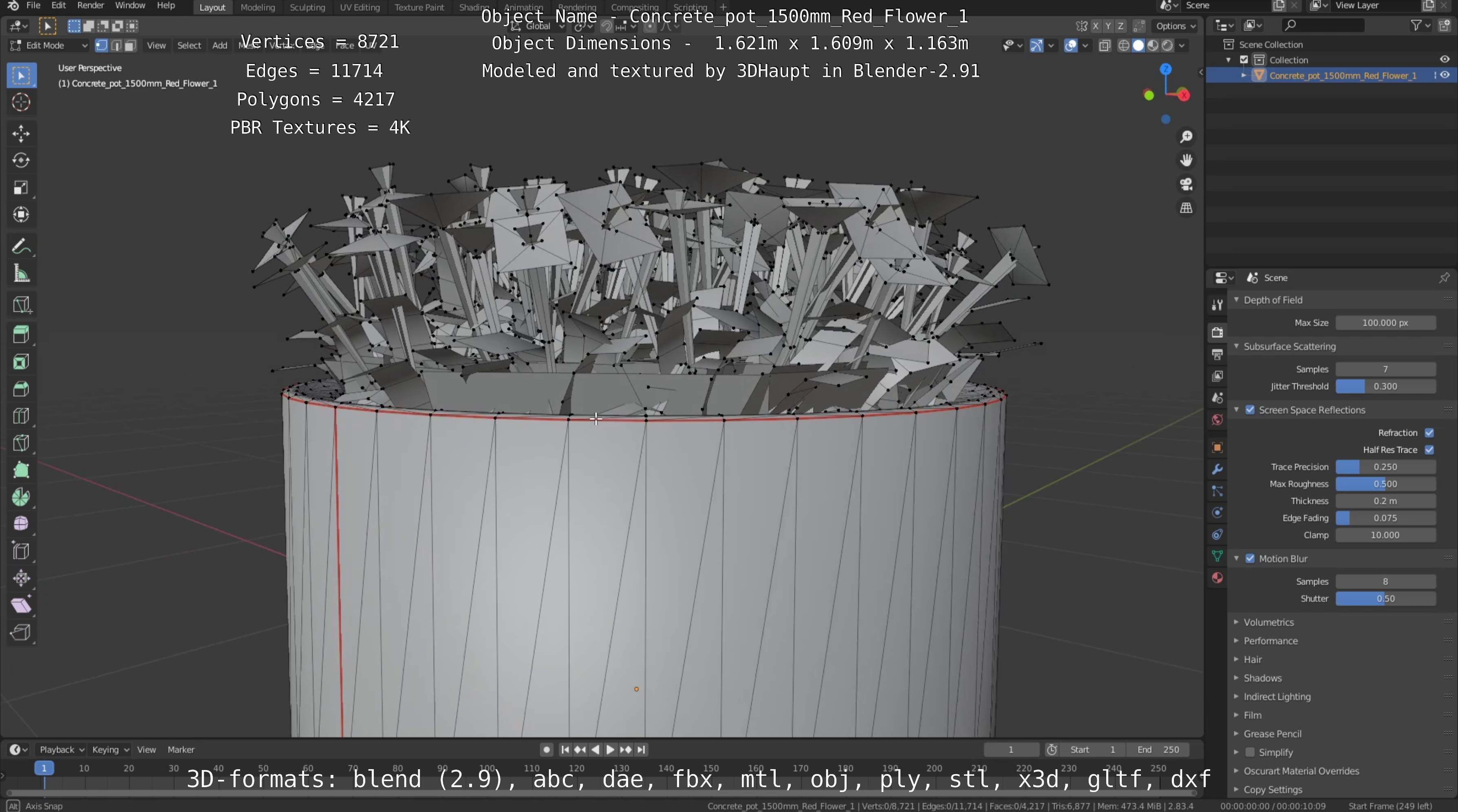 Concrete Pot 1500mm with Red Flowers Version 1 Low-poly 3D model_5