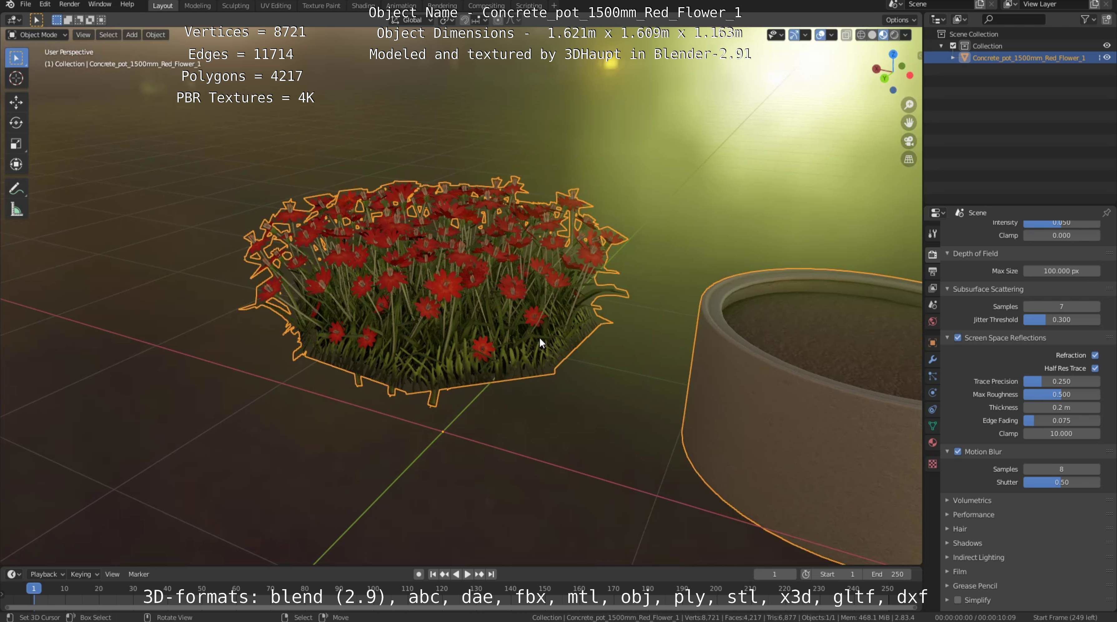 Concrete Pot 1500mm with Red Flowers Version 1 Low-poly 3D model_79