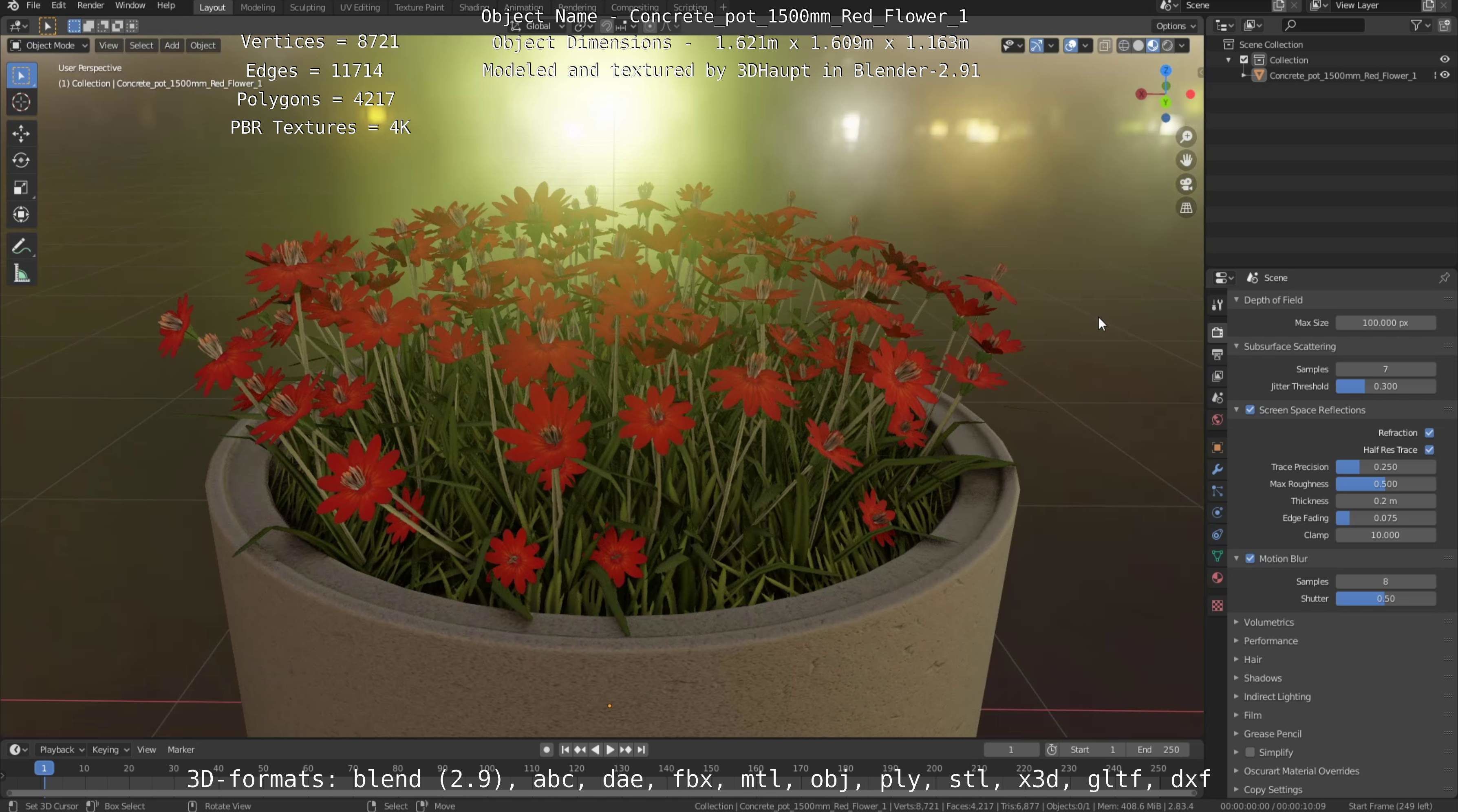 Concrete Pot 1500mm with Red Flowers Version 1 Low-poly 3D model_28