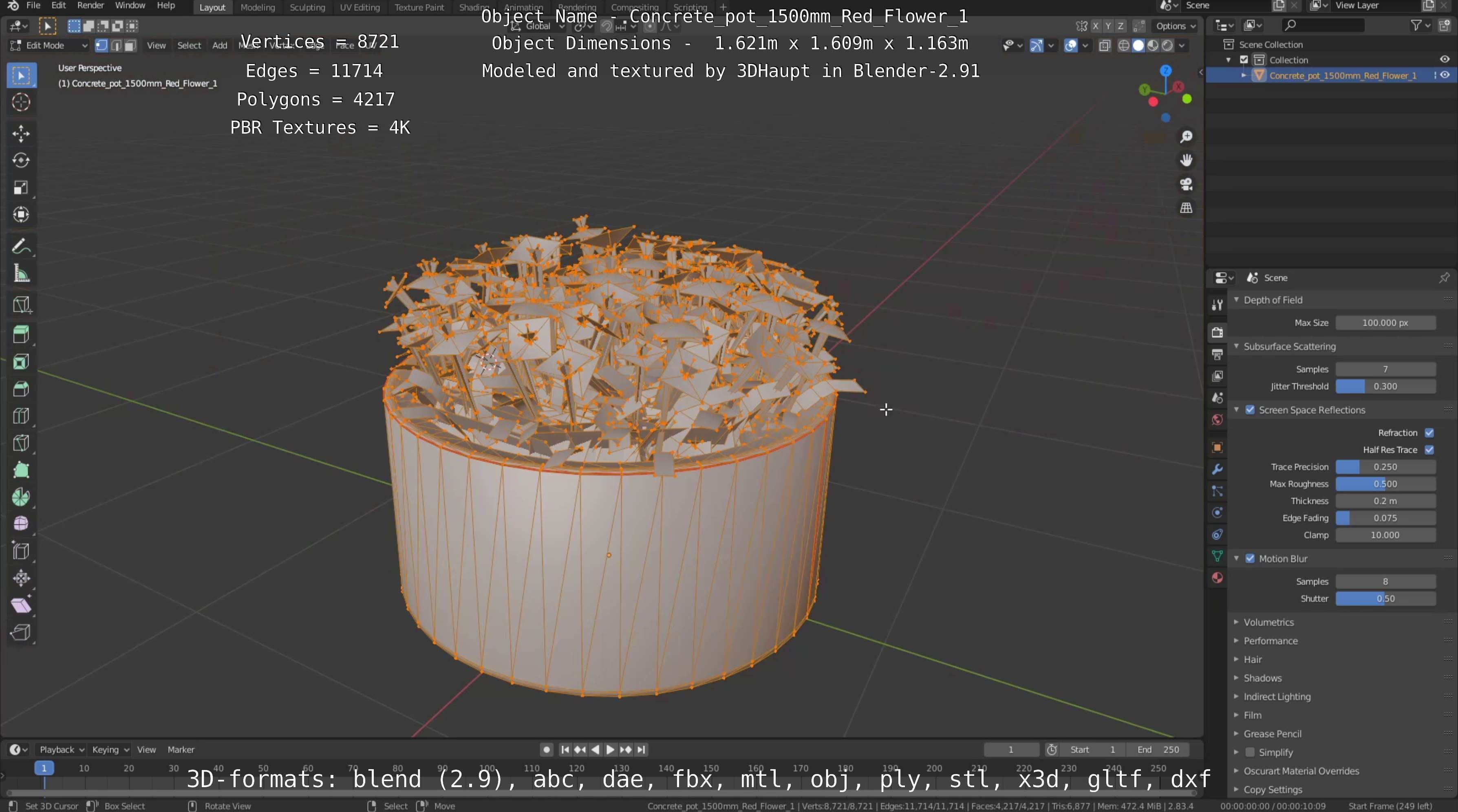 Concrete Pot 1500mm with Red Flowers Version 1 Low-poly 3D model_4
