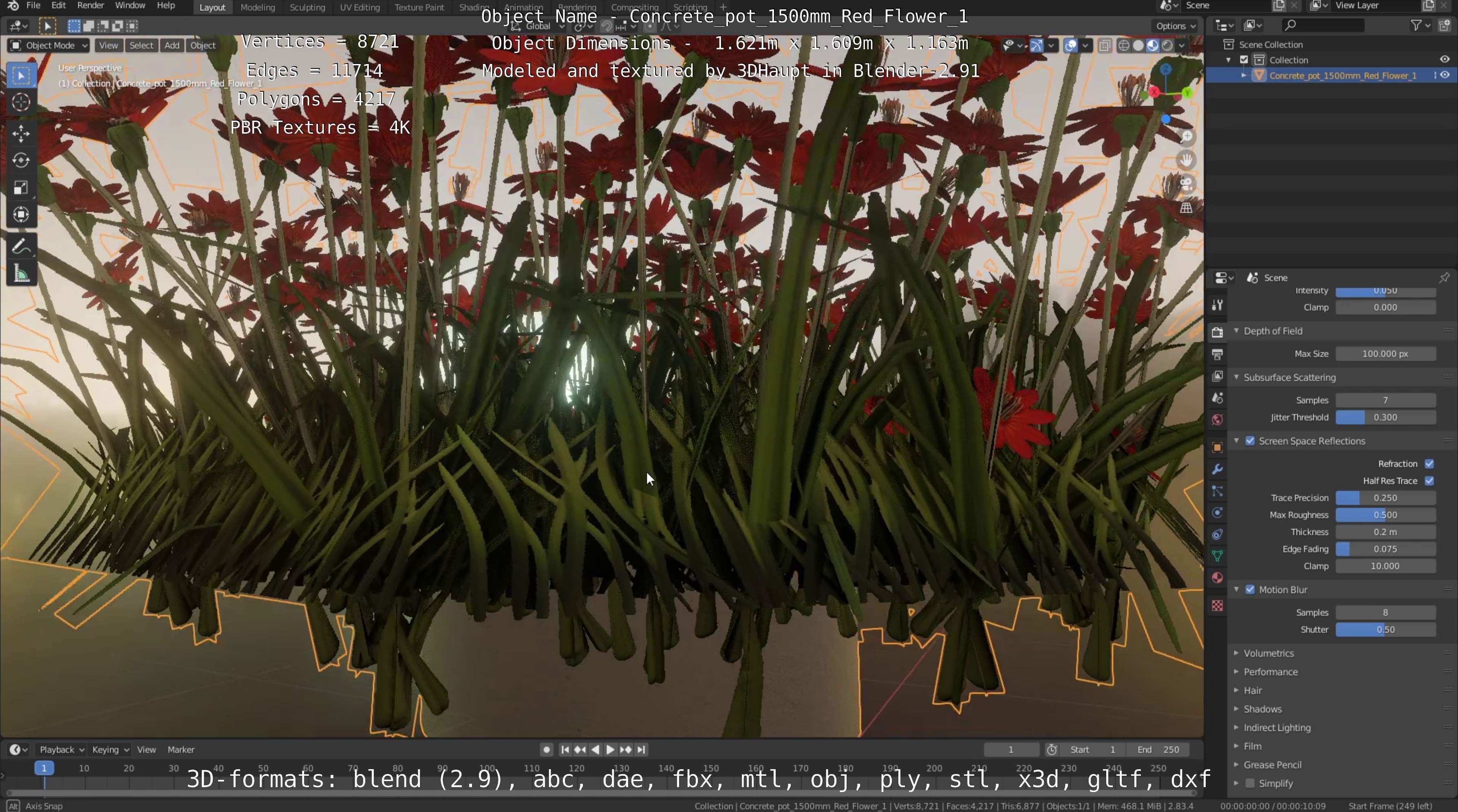 Concrete Pot 1500mm with Red Flowers Version 1 Low-poly 3D model_100