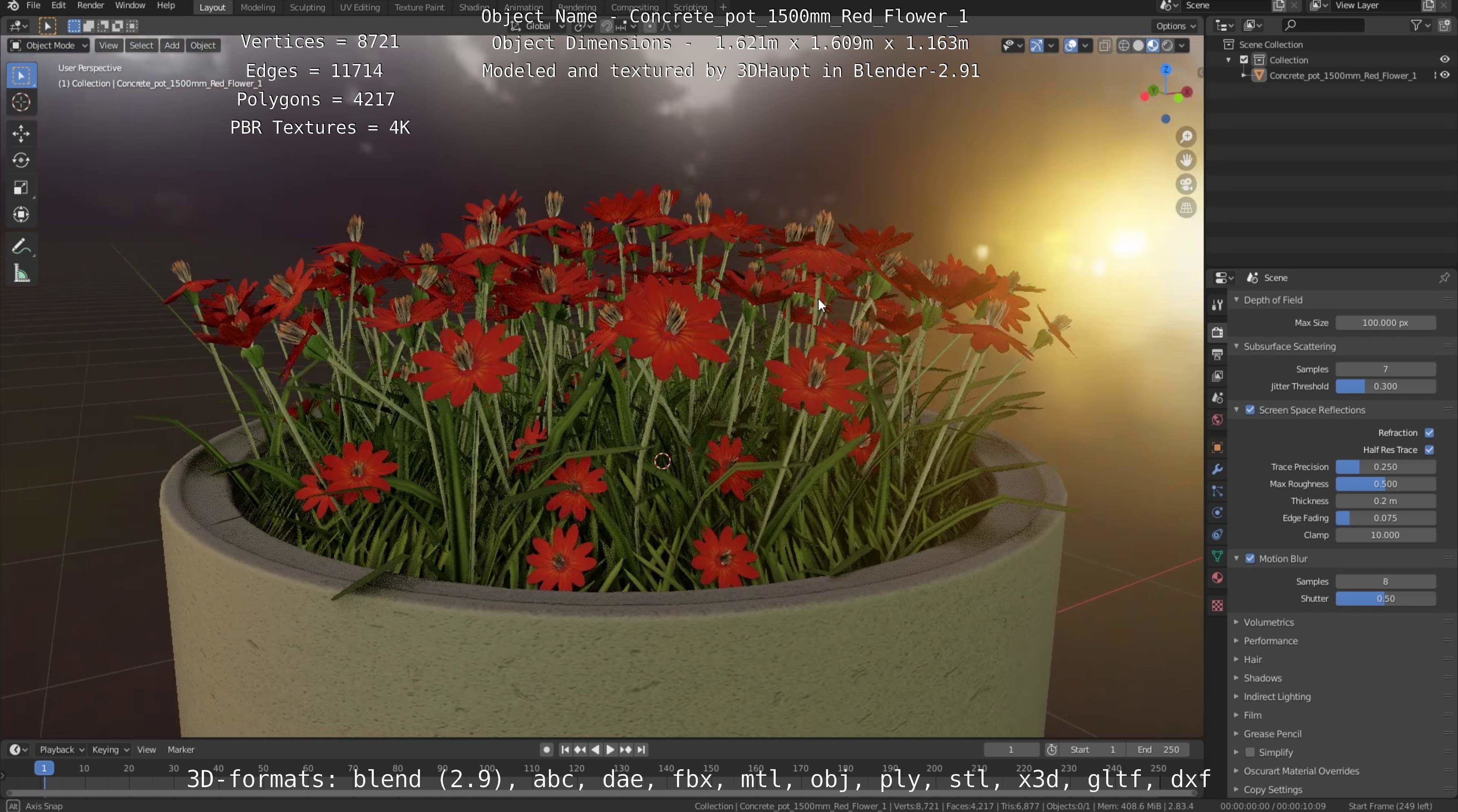 Concrete Pot 1500mm with Red Flowers Version 1 Low-poly 3D model_22