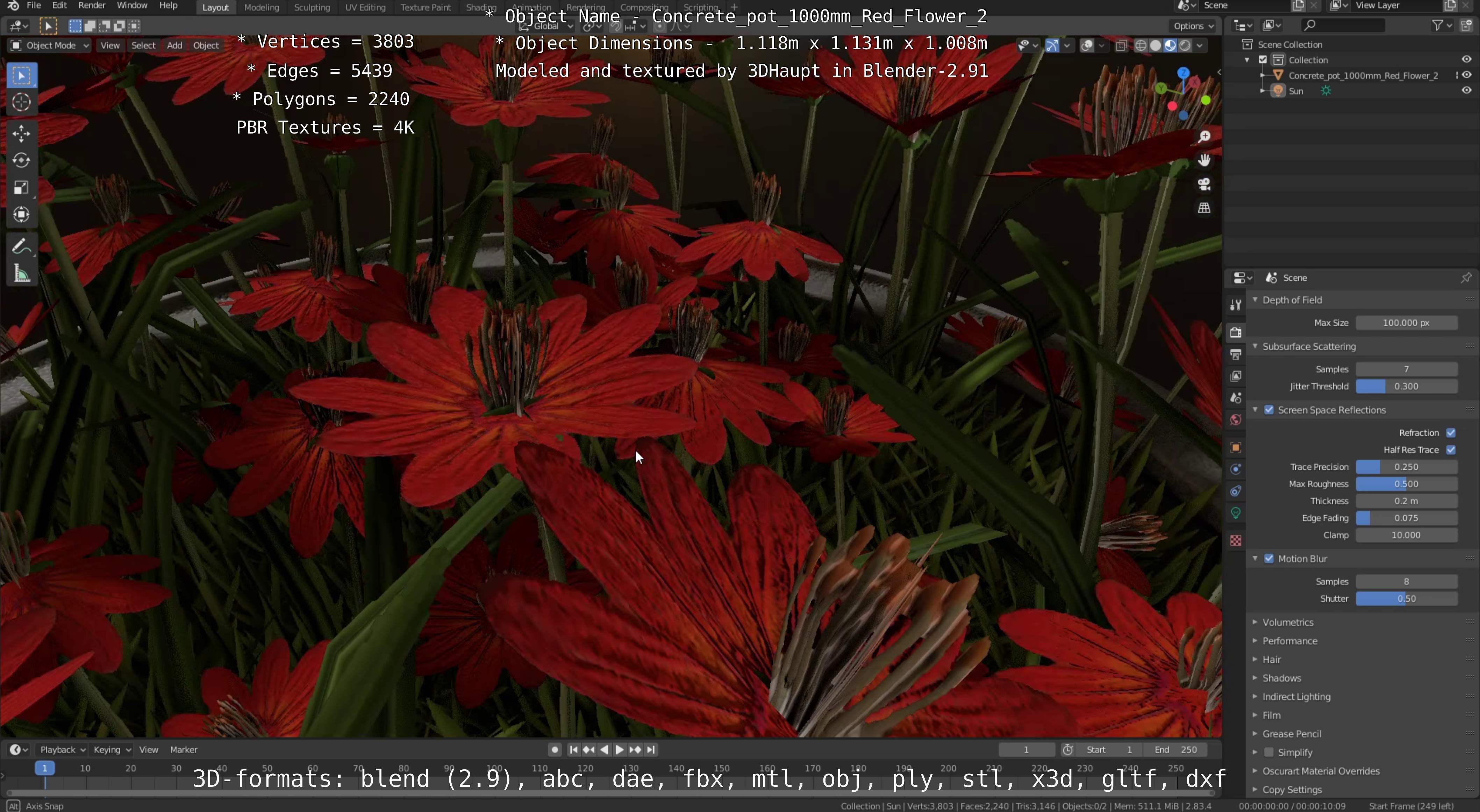 Concrete Pot 1000mm with Red Flowers Version 2 Low-poly 3D model_46