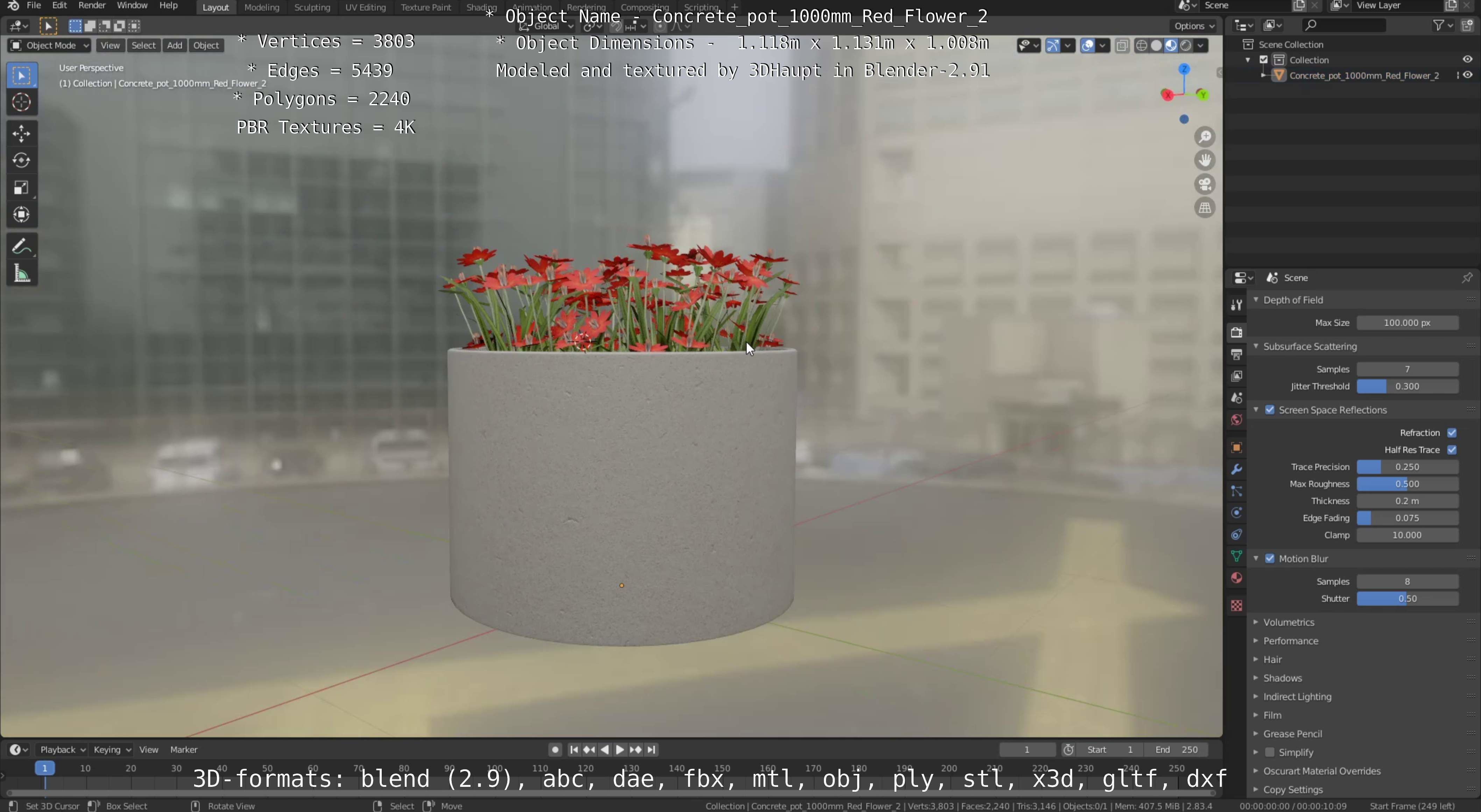 Concrete Pot 1000mm with Red Flowers Version 2 Low-poly 3D model_81