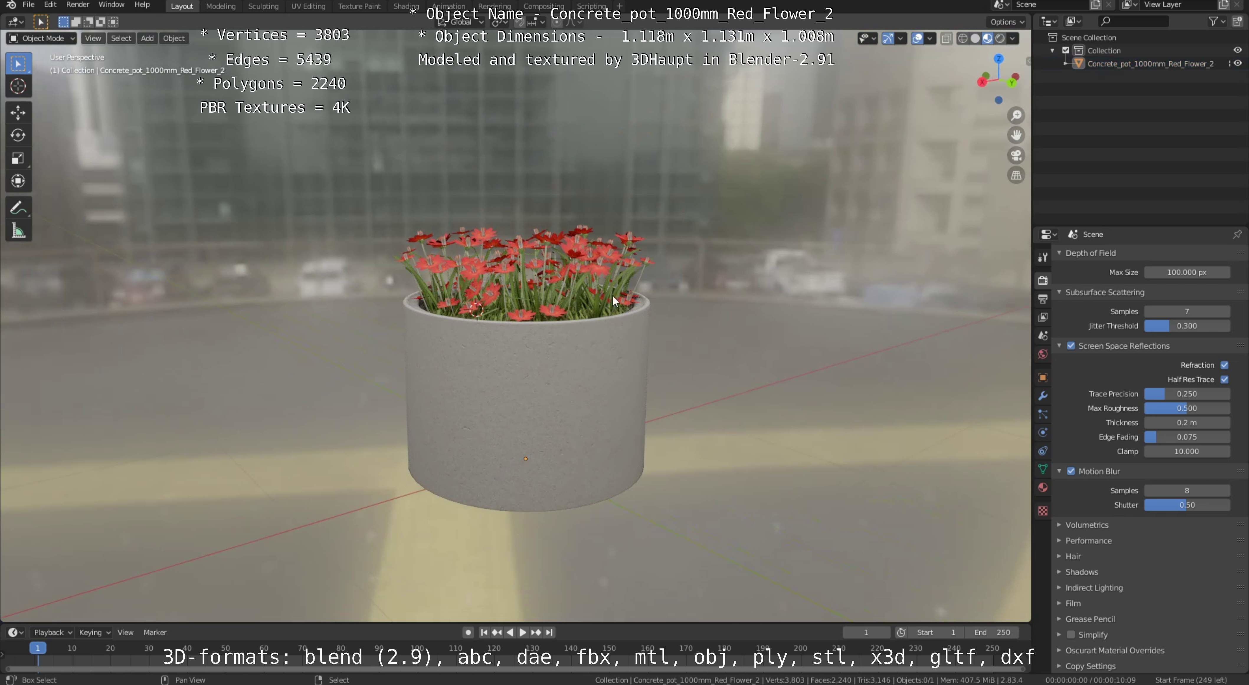 Concrete Pot 1000mm with Red Flowers Version 2 Low-poly 3D model_75
