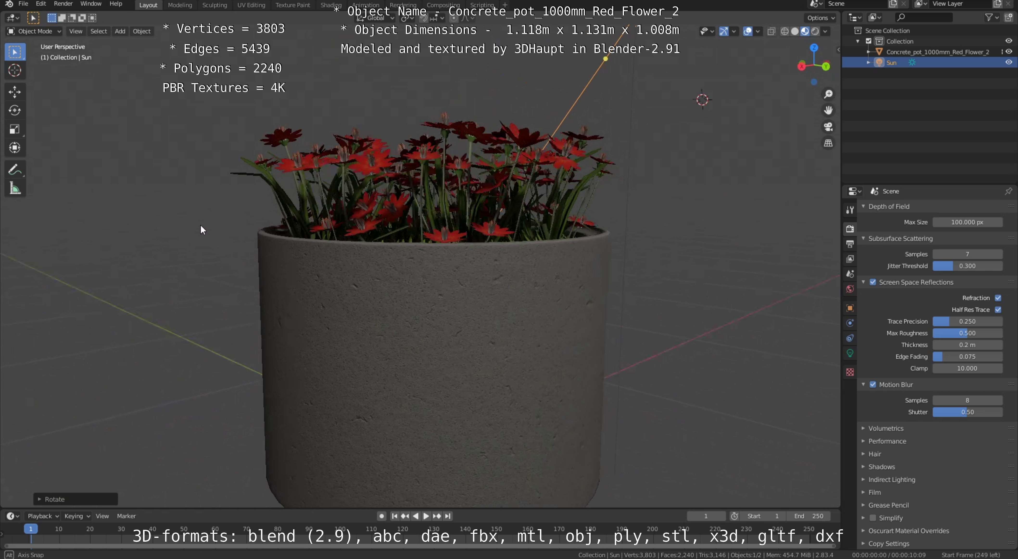 Concrete Pot 1000mm with Red Flowers Version 2 Low-poly 3D model_96