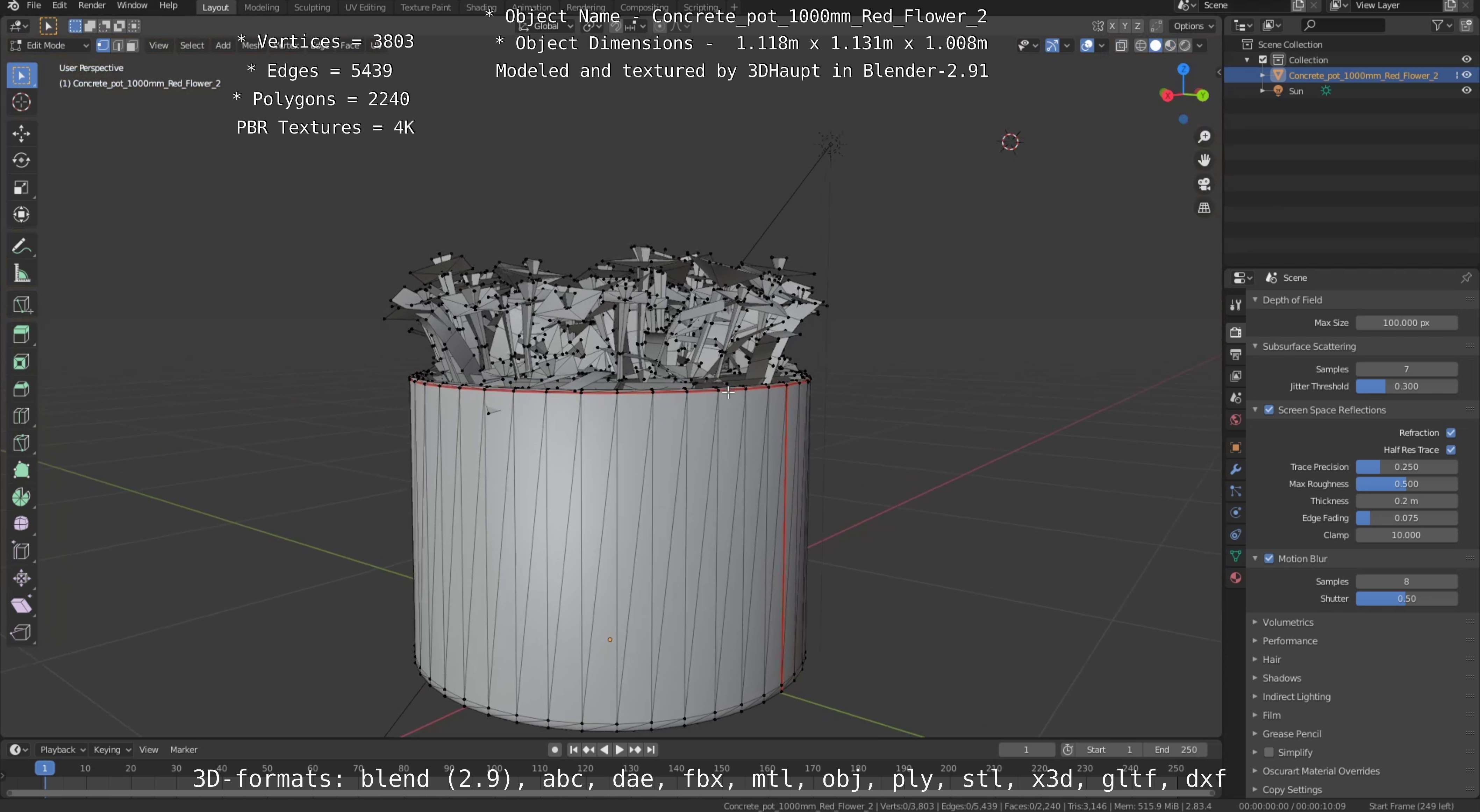 Concrete Pot 1000mm with Red Flowers Version 2 Low-poly 3D model_52