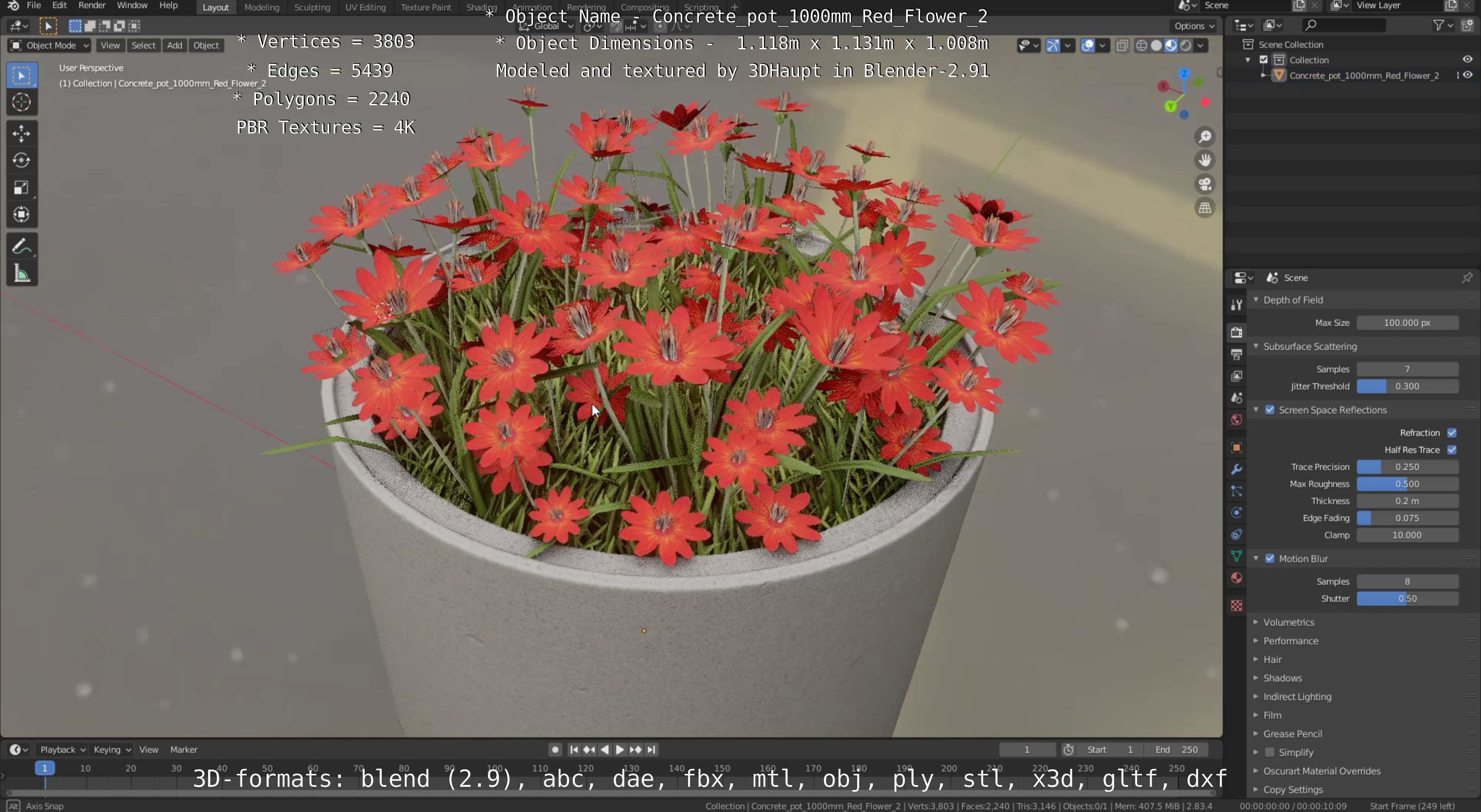 Concrete Pot 1000mm with Red Flowers Version 2 Low-poly 3D model_90