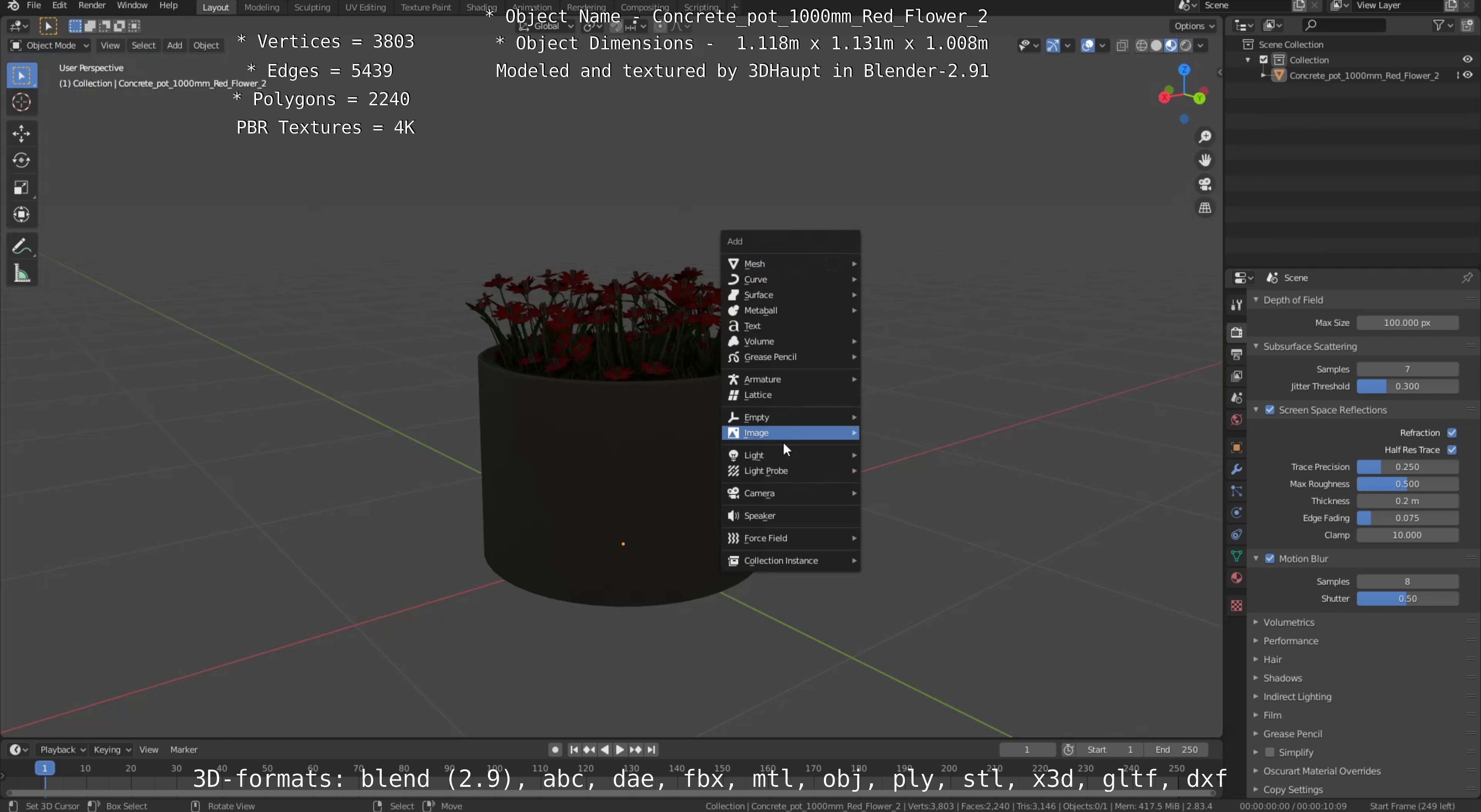 Concrete Pot 1000mm with Red Flowers Version 2 Low-poly 3D model_76