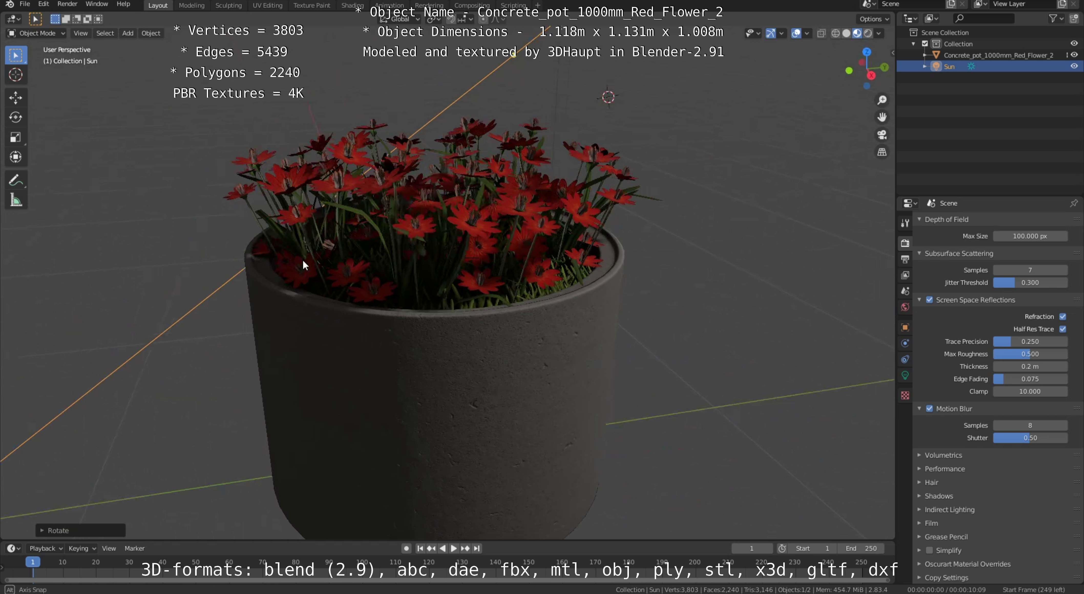 Concrete Pot 1000mm with Red Flowers Version 2 Low-poly 3D model_95
