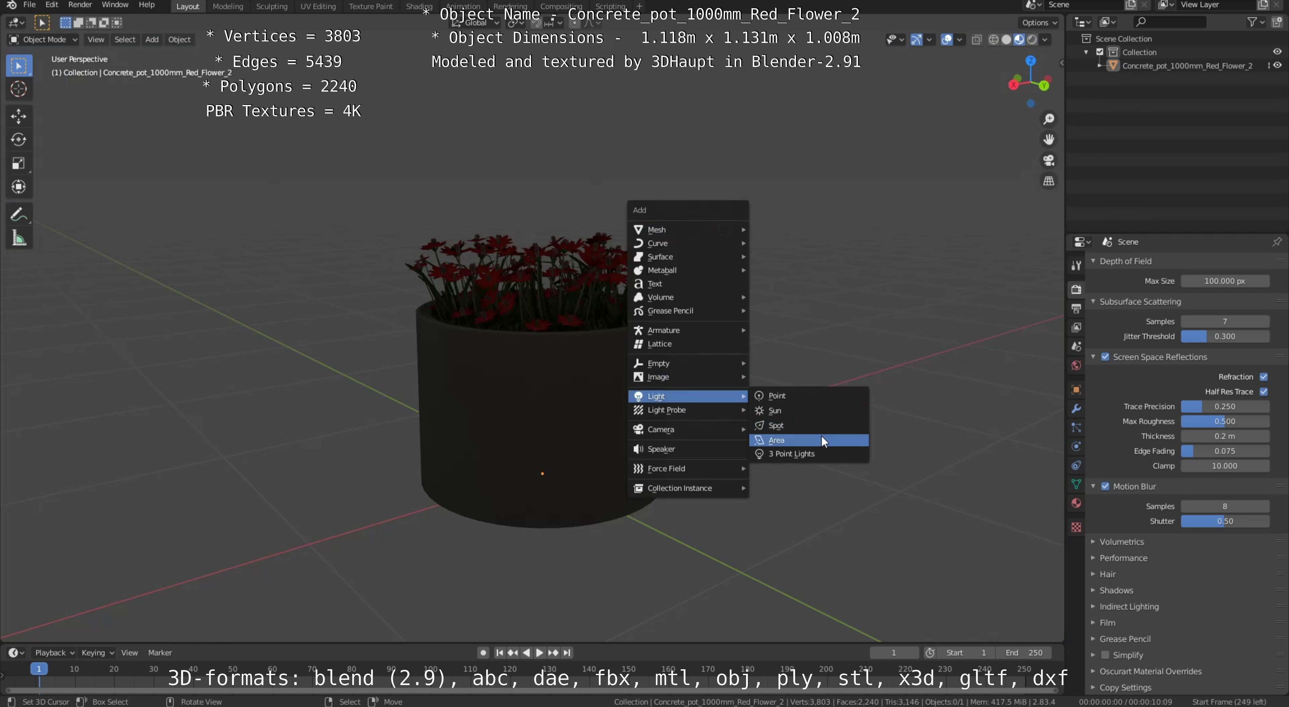 Concrete Pot 1000mm with Red Flowers Version 2 Low-poly 3D model_83