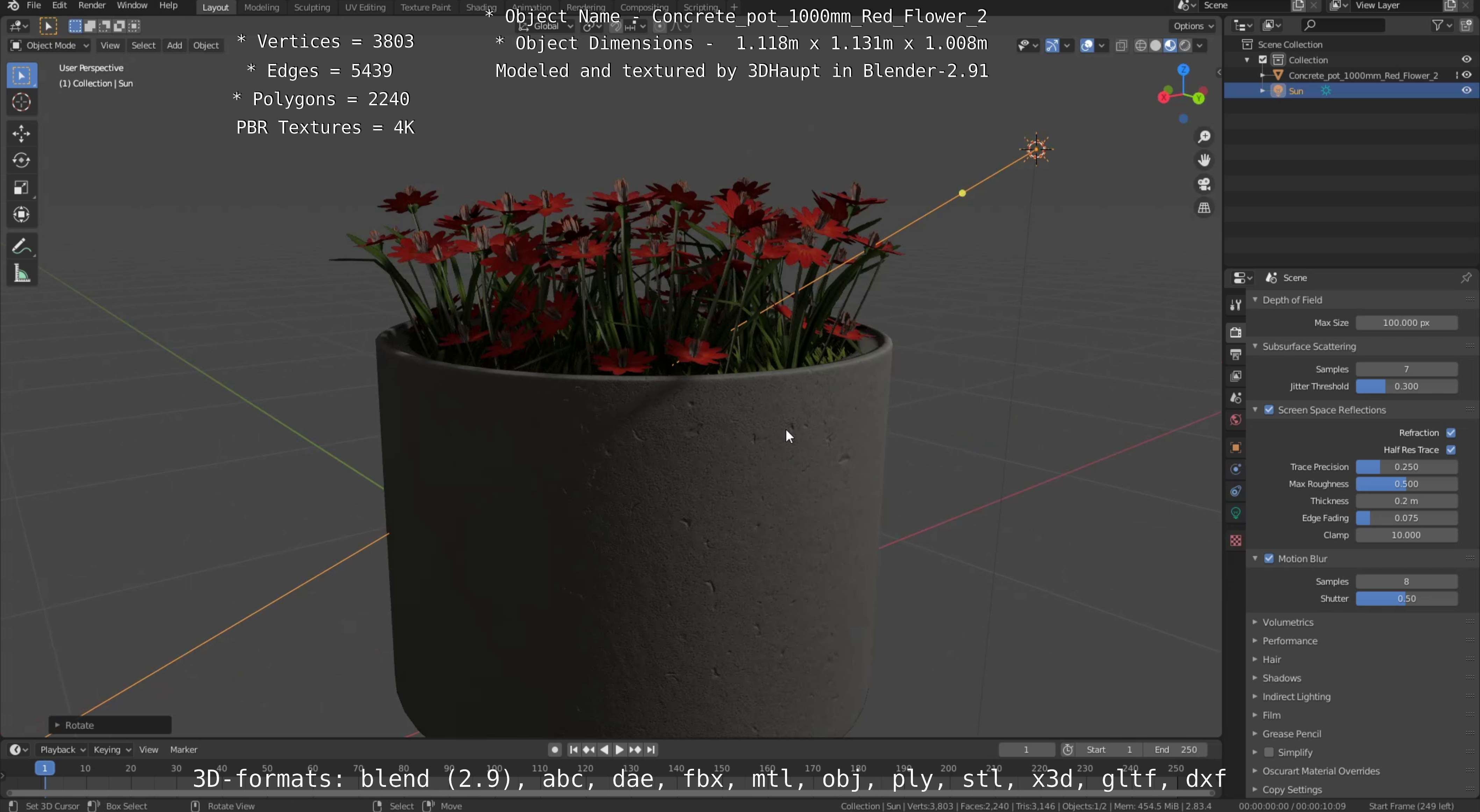 Concrete Pot 1000mm with Red Flowers Version 2 Low-poly 3D model_92