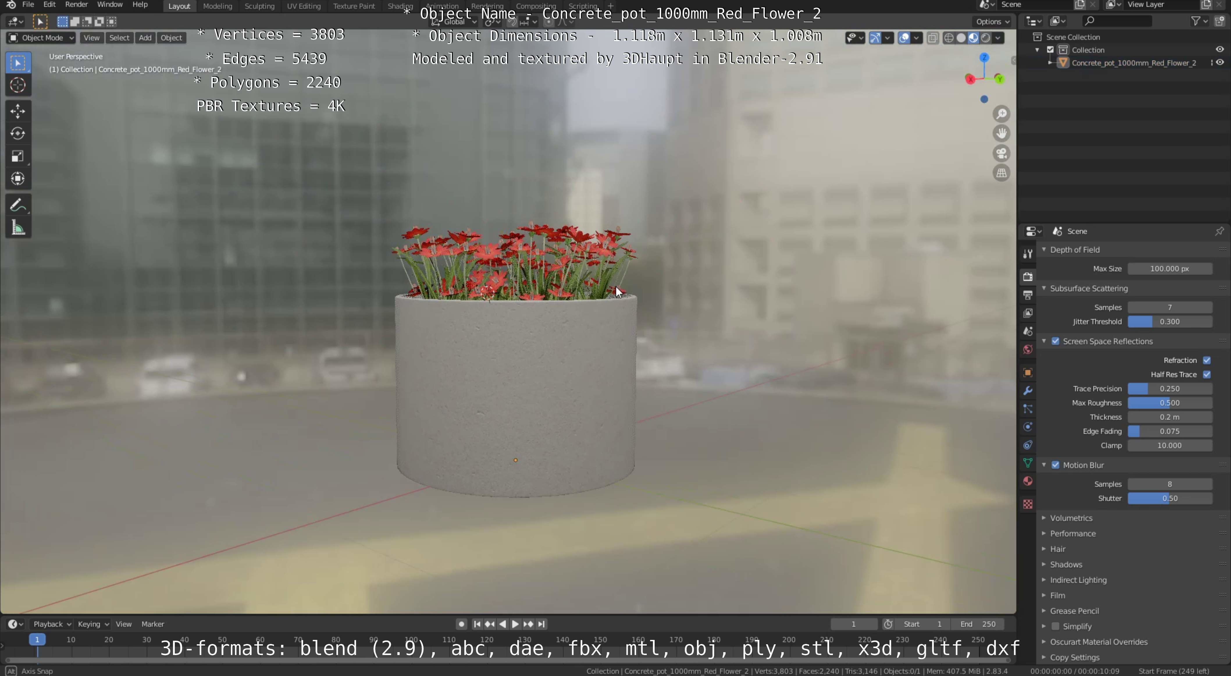 Concrete Pot 1000mm with Red Flowers Version 2 Low-poly 3D model_78