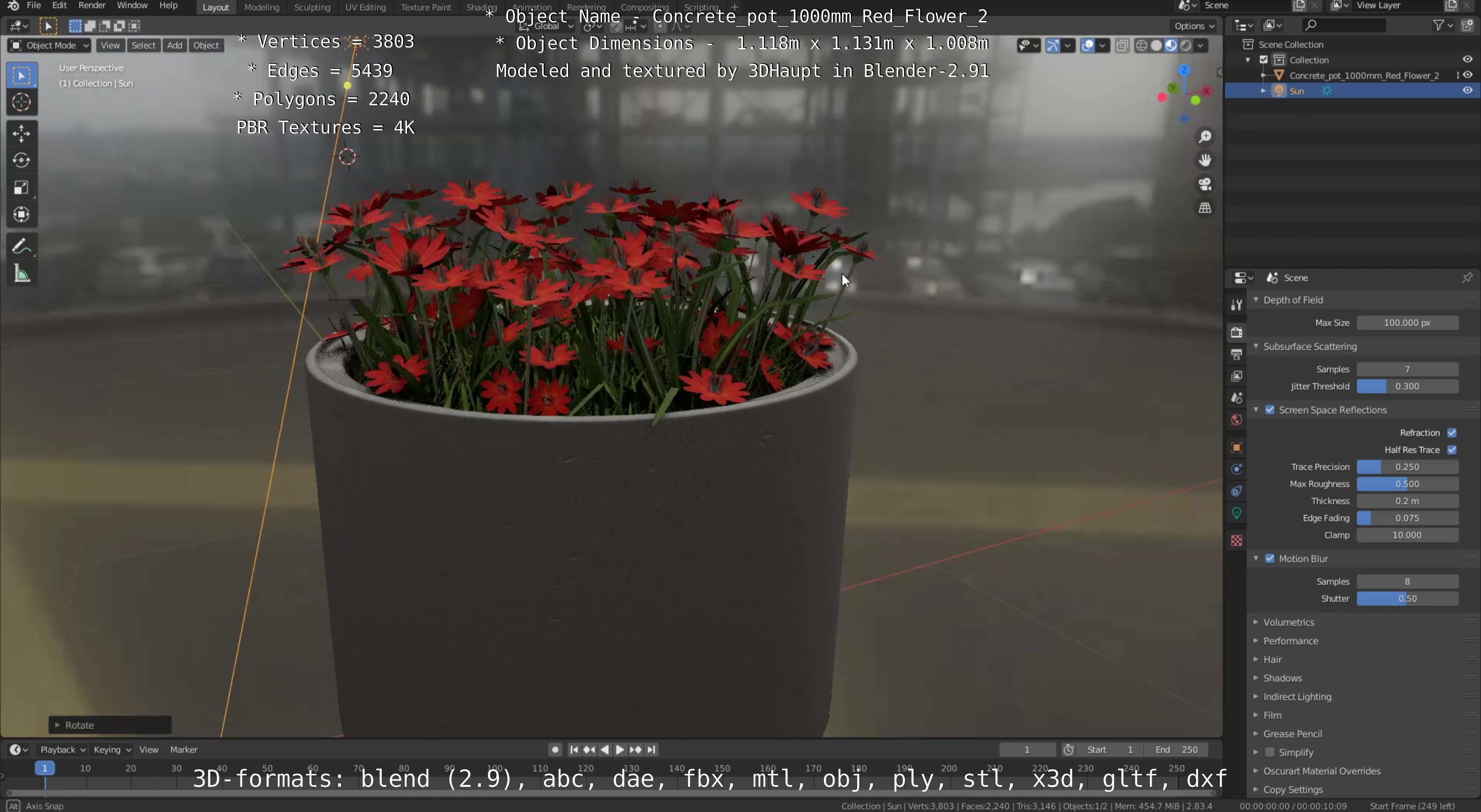 Concrete Pot 1000mm with Red Flowers Version 2 Low-poly 3D model_14