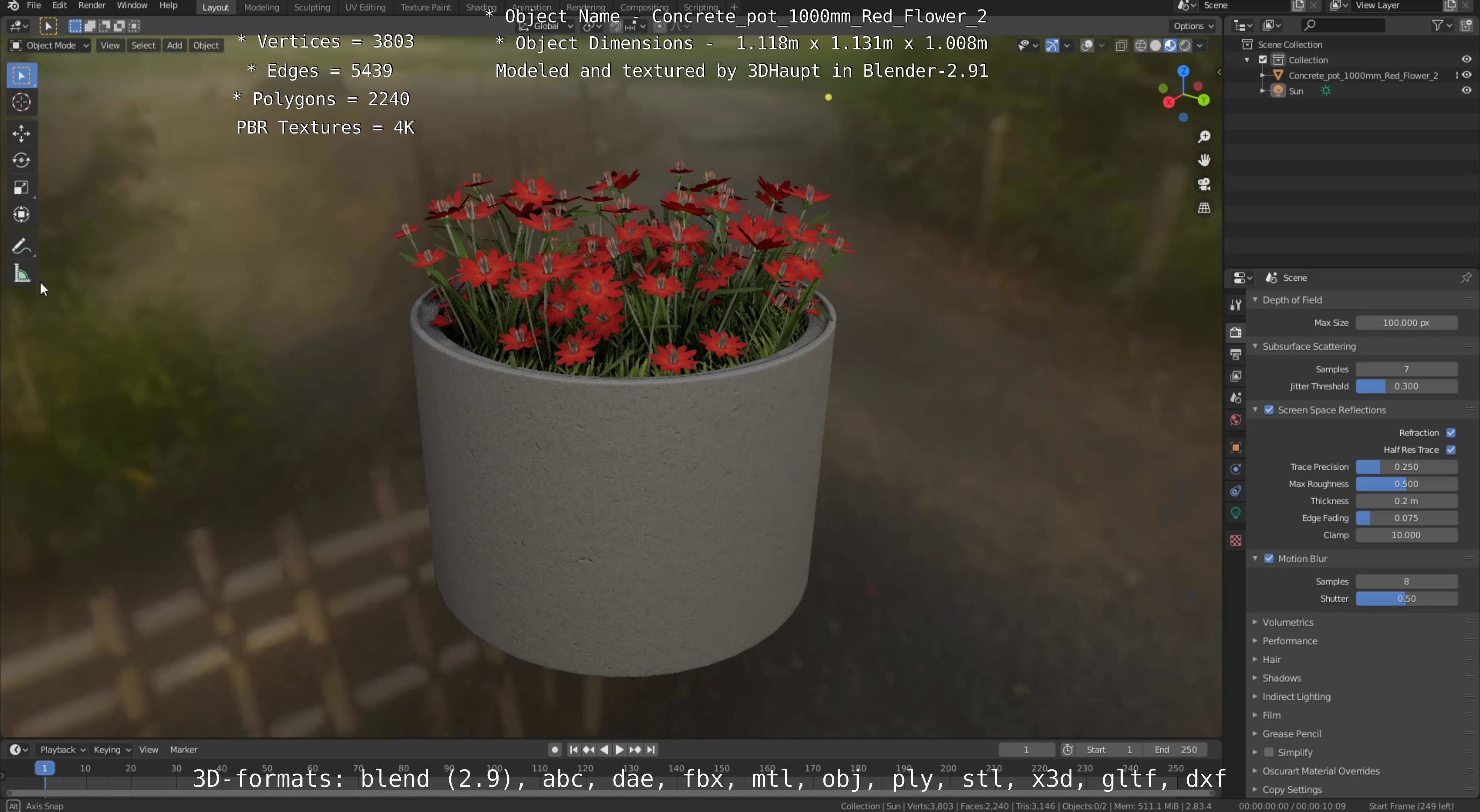 Concrete Pot 1000mm with Red Flowers Version 2 Low-poly 3D model_34