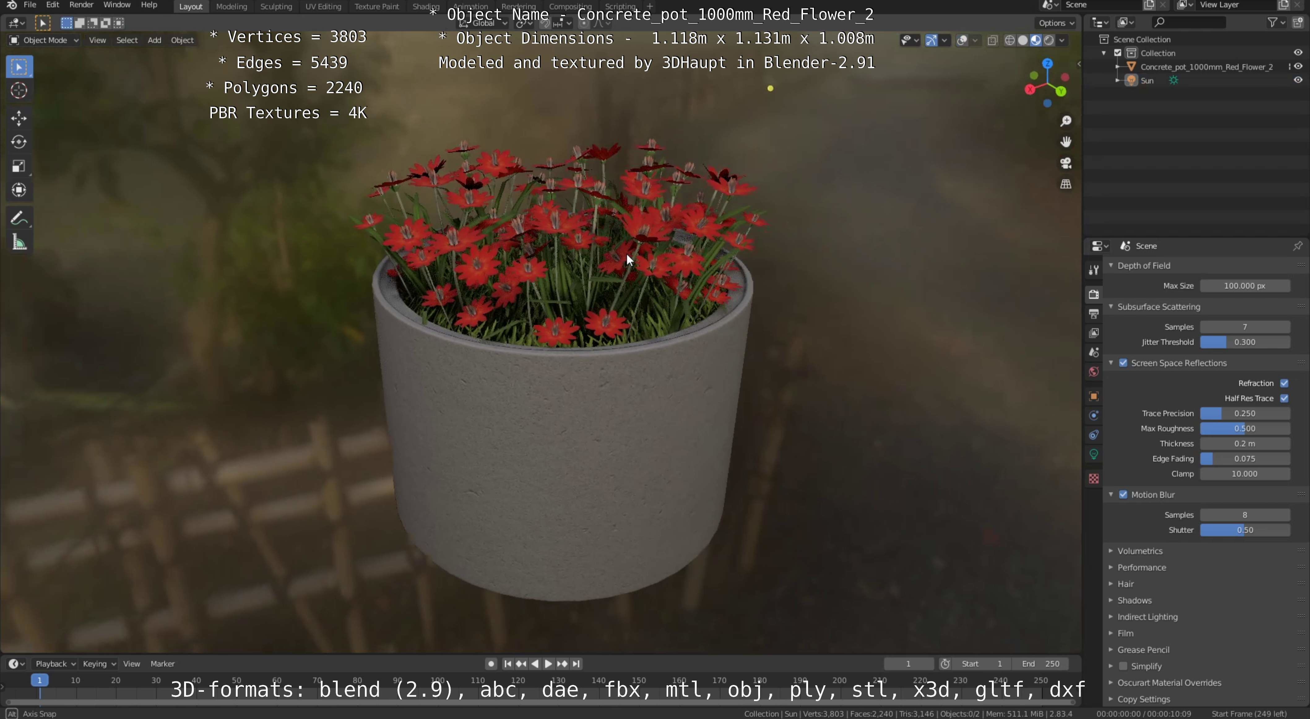 Concrete Pot 1000mm with Red Flowers Version 2 Low-poly 3D model_31