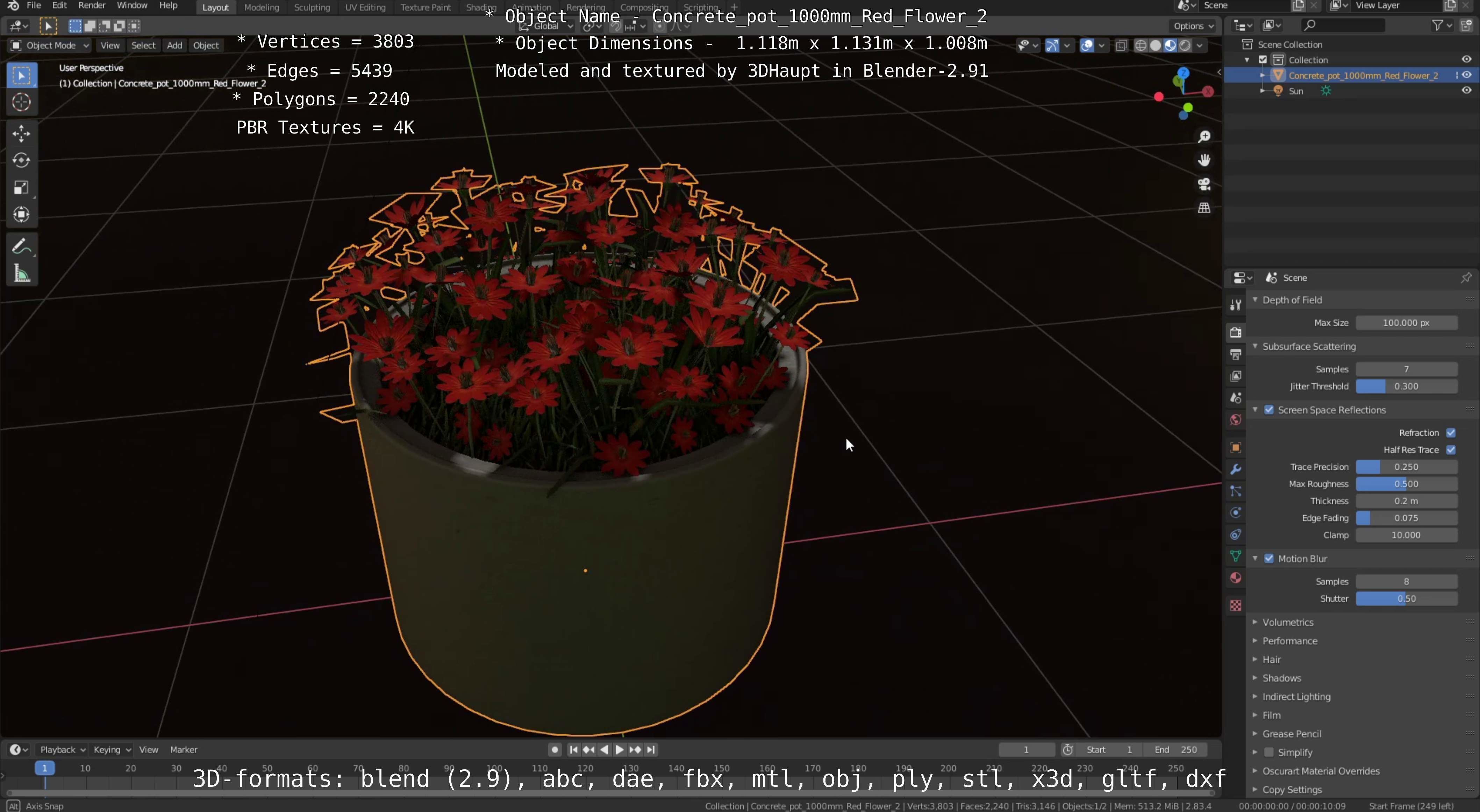 Concrete Pot 1000mm with Red Flowers Version 2 Low-poly 3D model_13