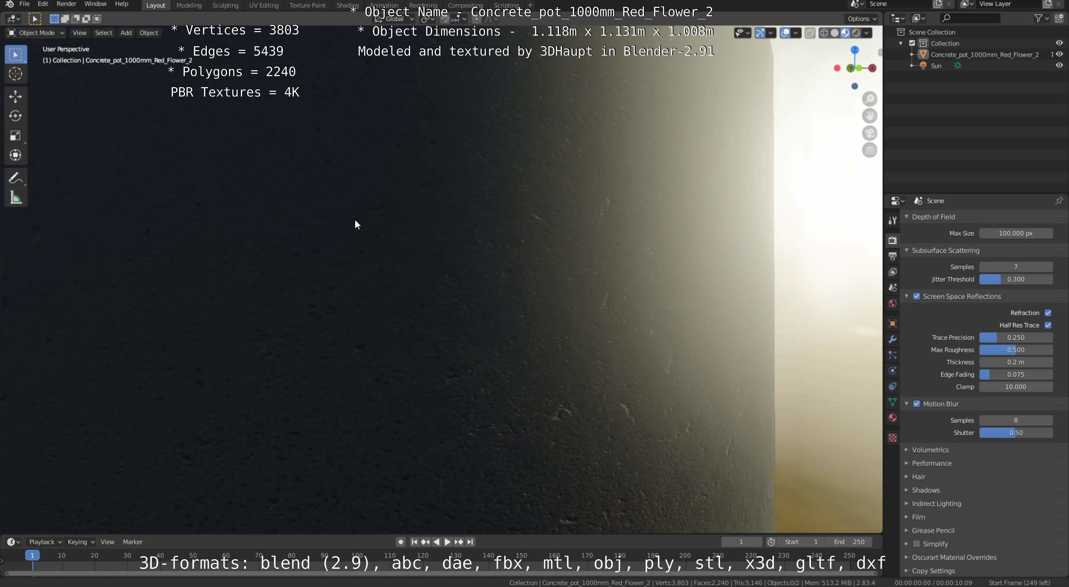 Concrete Pot 1000mm with Red Flowers Version 2 Low-poly 3D model_16