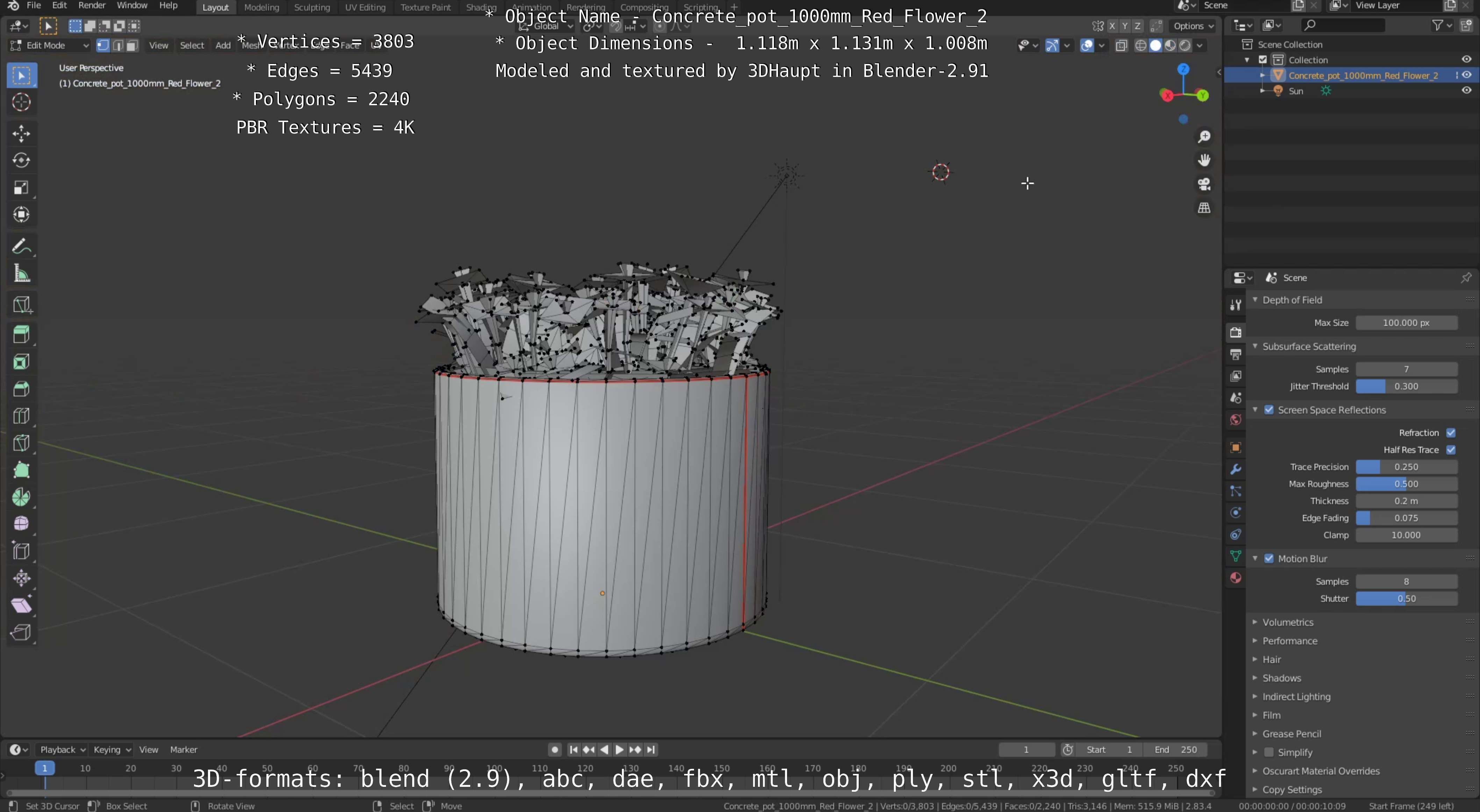 Concrete Pot 1000mm with Red Flowers Version 2 Low-poly 3D model_53