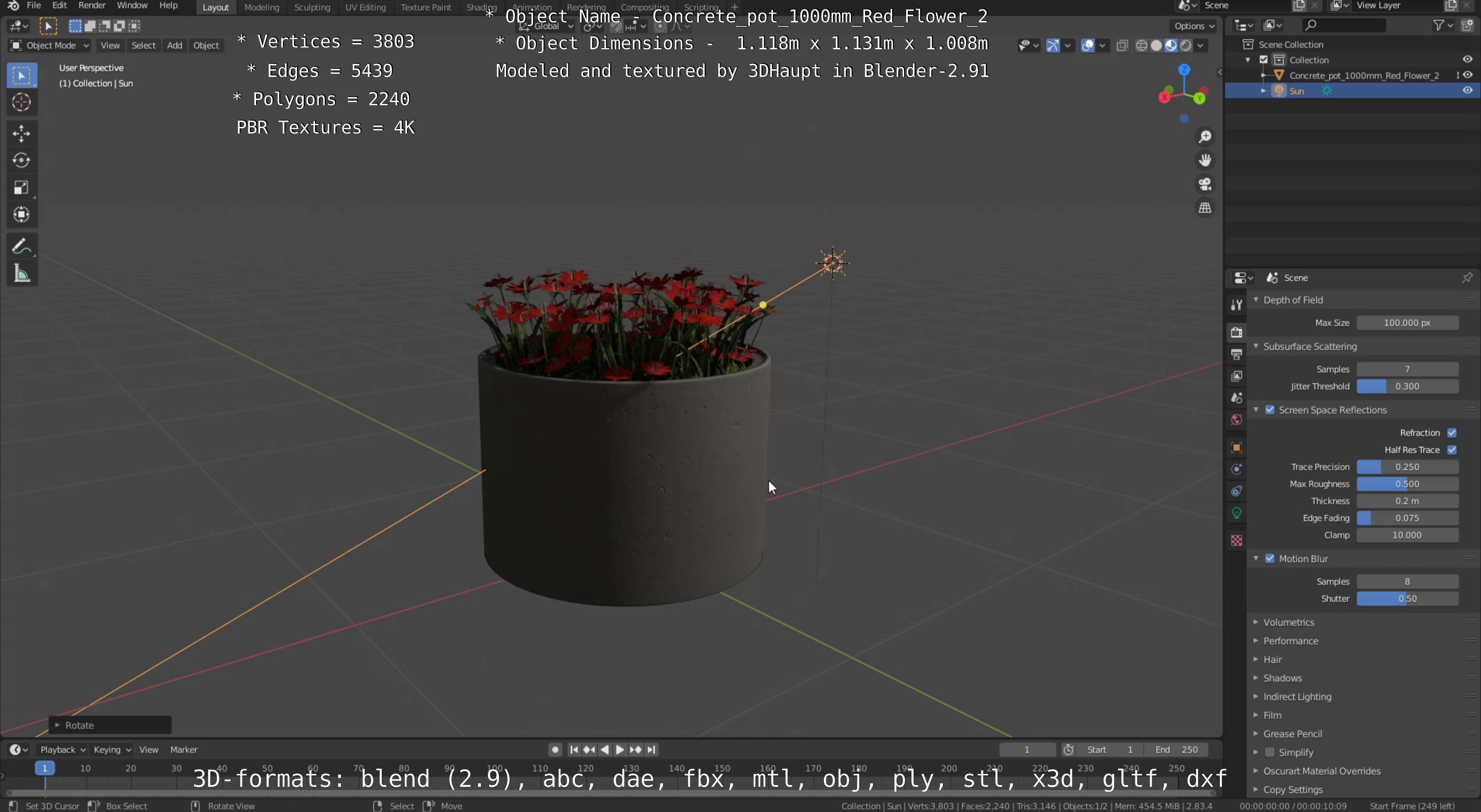 Concrete Pot 1000mm with Red Flowers Version 2 Low-poly 3D model_89