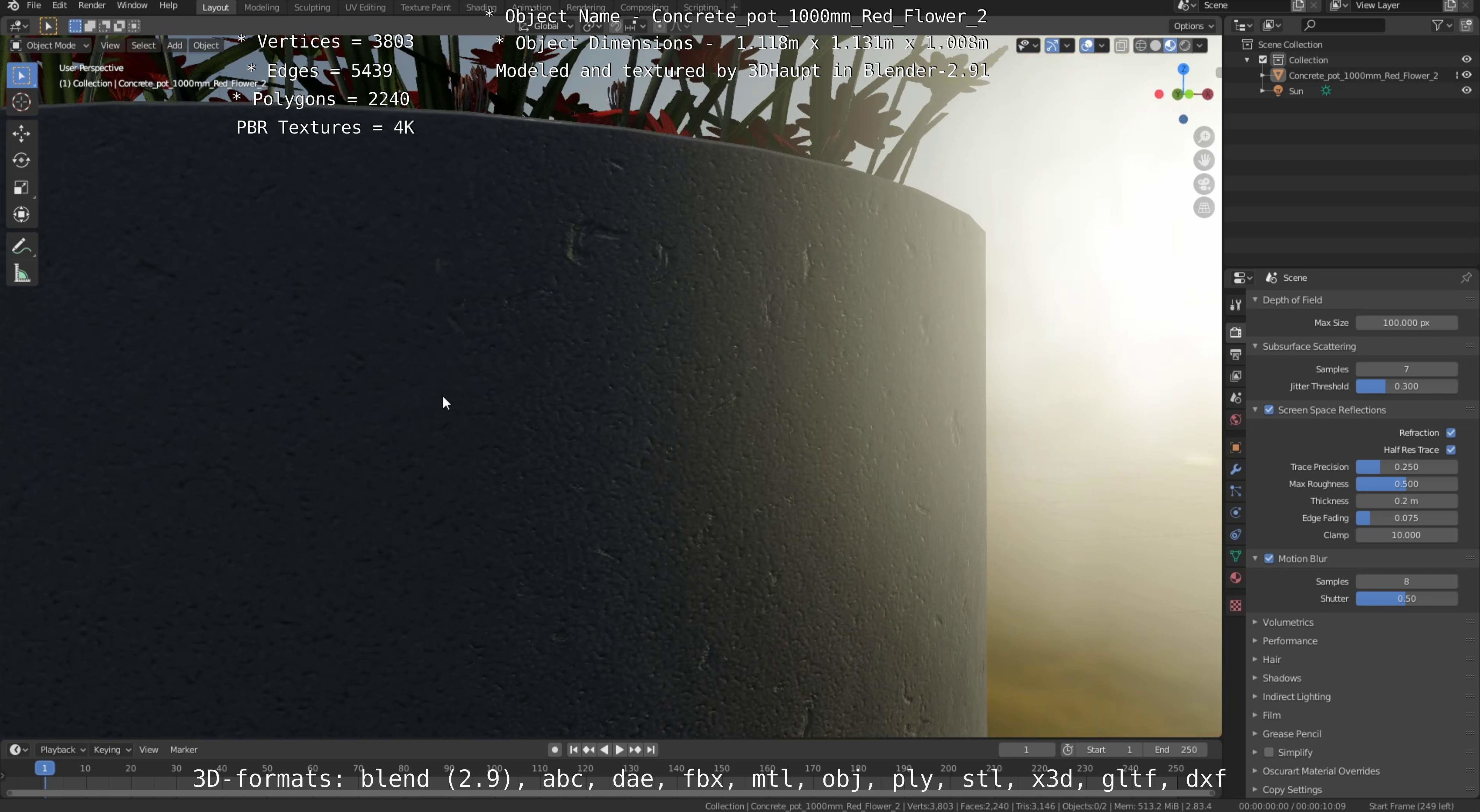 Concrete Pot 1000mm with Red Flowers Version 2 Low-poly 3D model_10