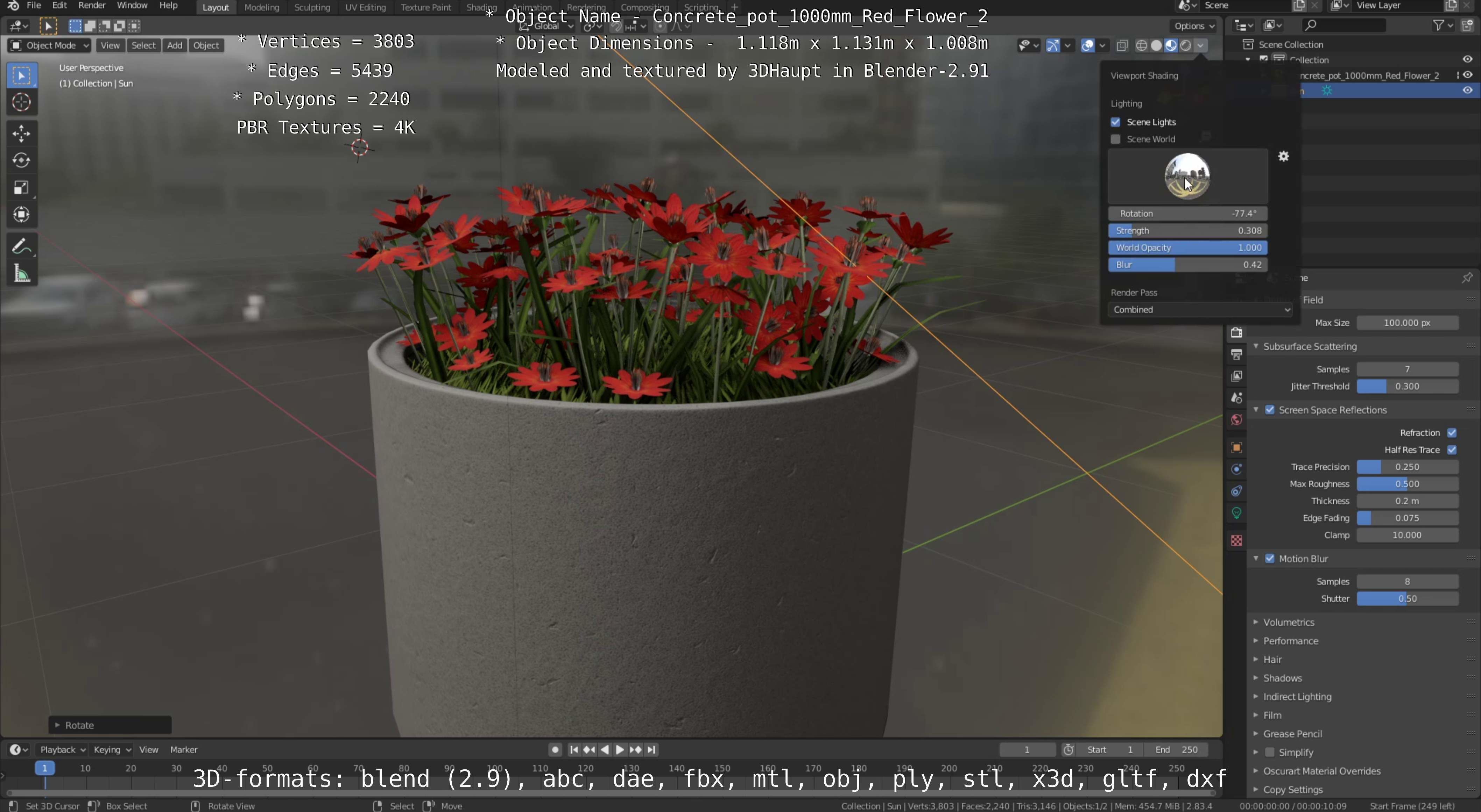 Concrete Pot 1000mm with Red Flowers Version 2 Low-poly 3D model_24