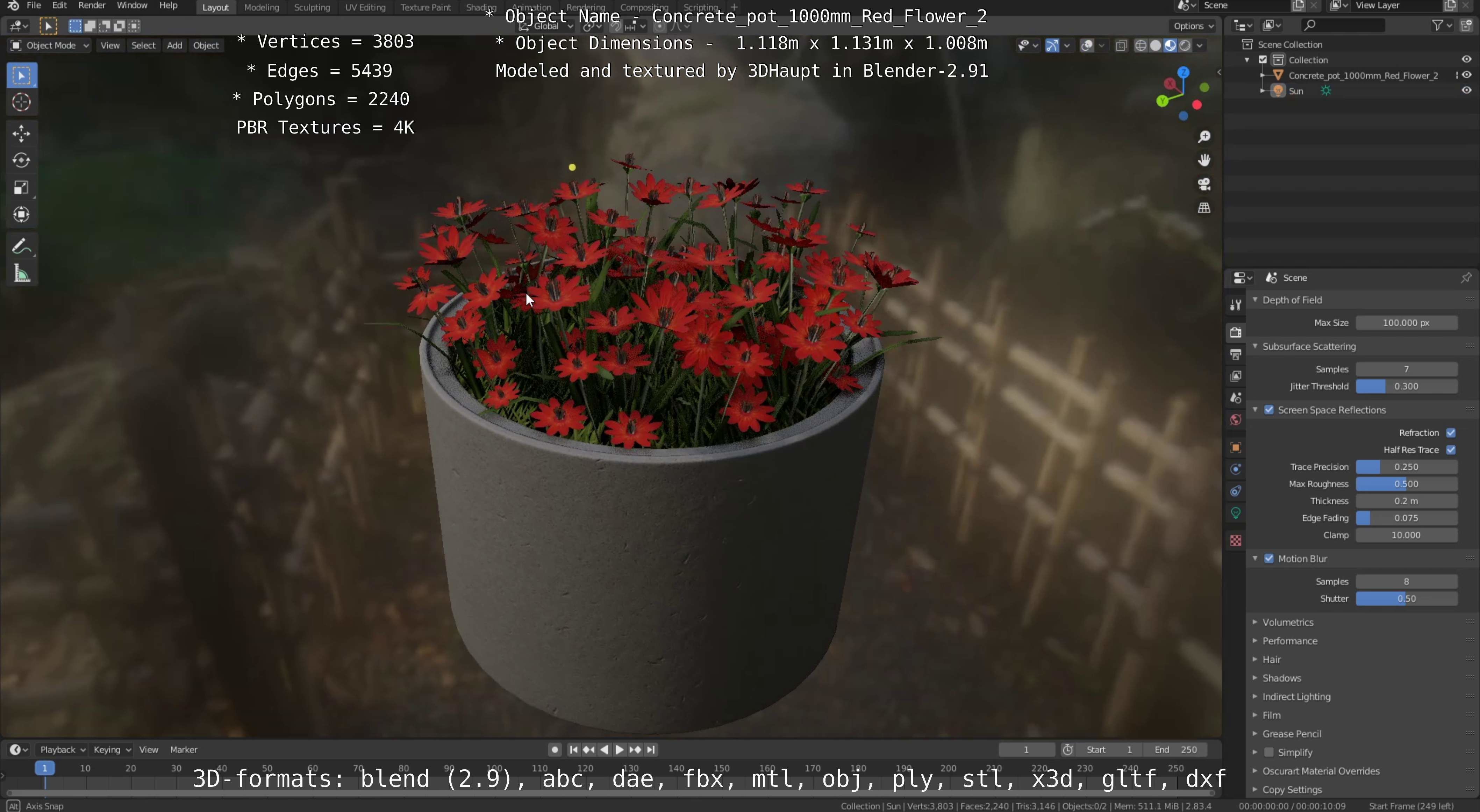 Concrete Pot 1000mm with Red Flowers Version 2 Low-poly 3D model_28